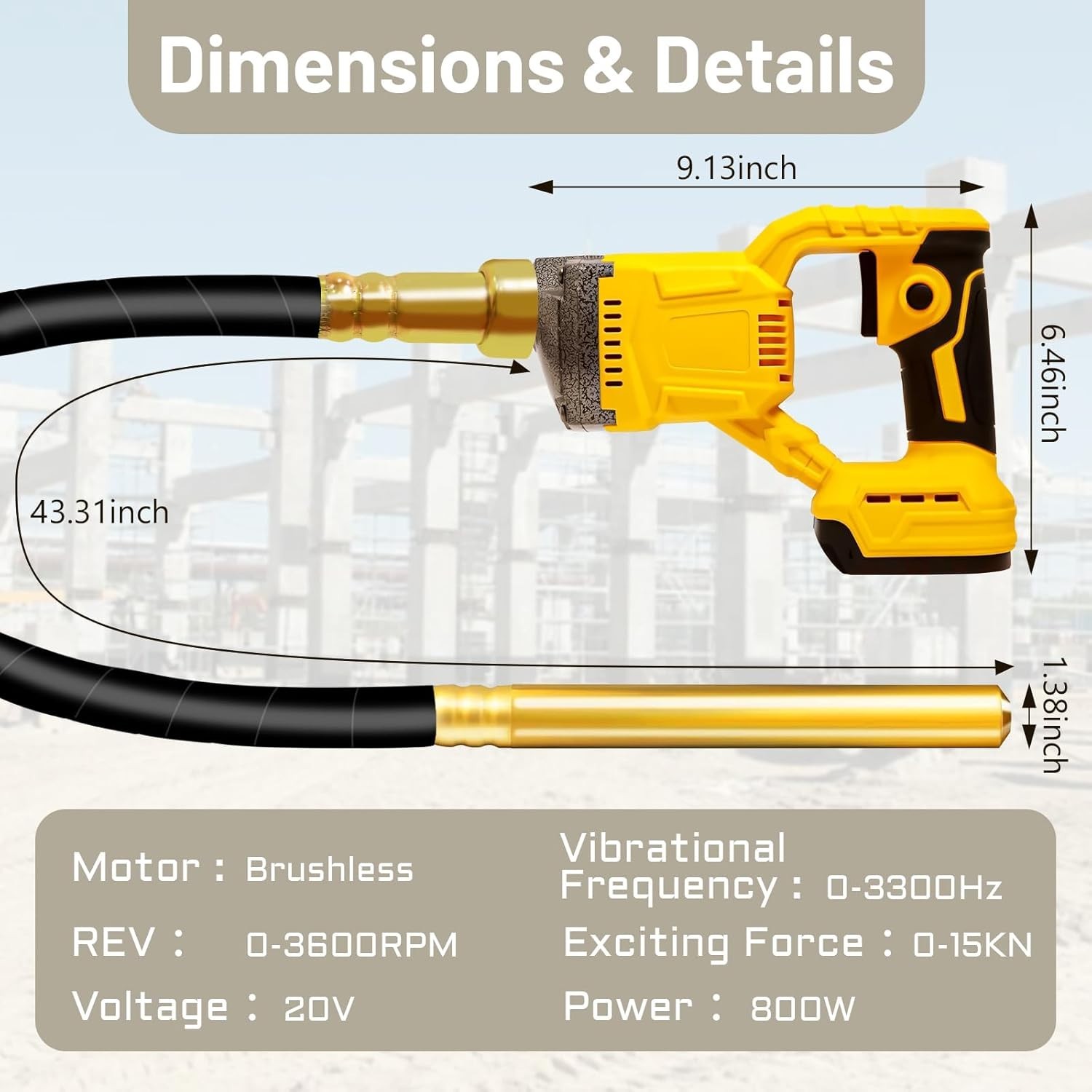 New Cordless Concrete Vibrator for DeWalt 20V 800W 3.6ft Shaft Tool Only