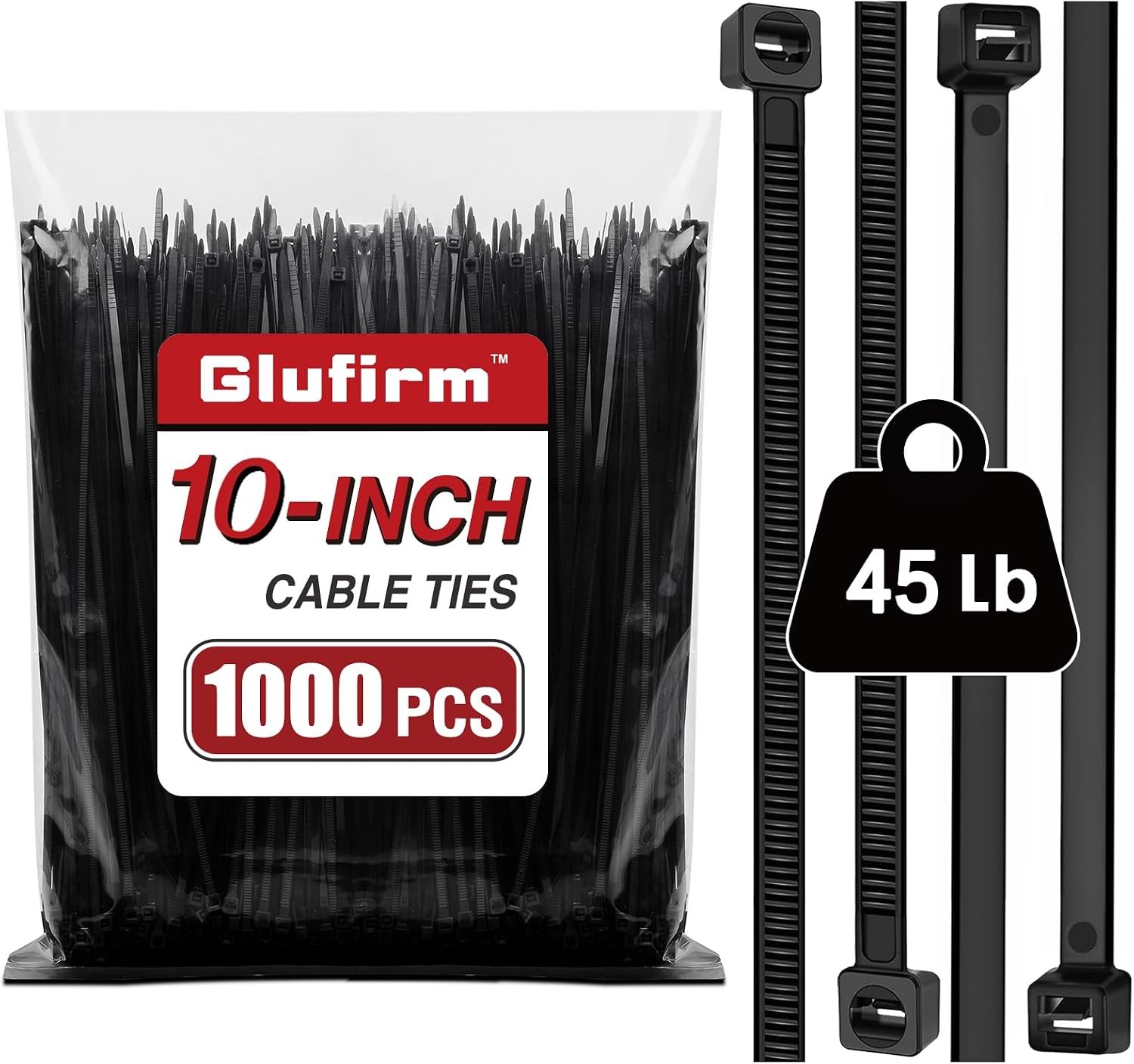 1000 Pack 10 inch Black Cable Ties 45lb Tensile Strength Plastic Wire Ties