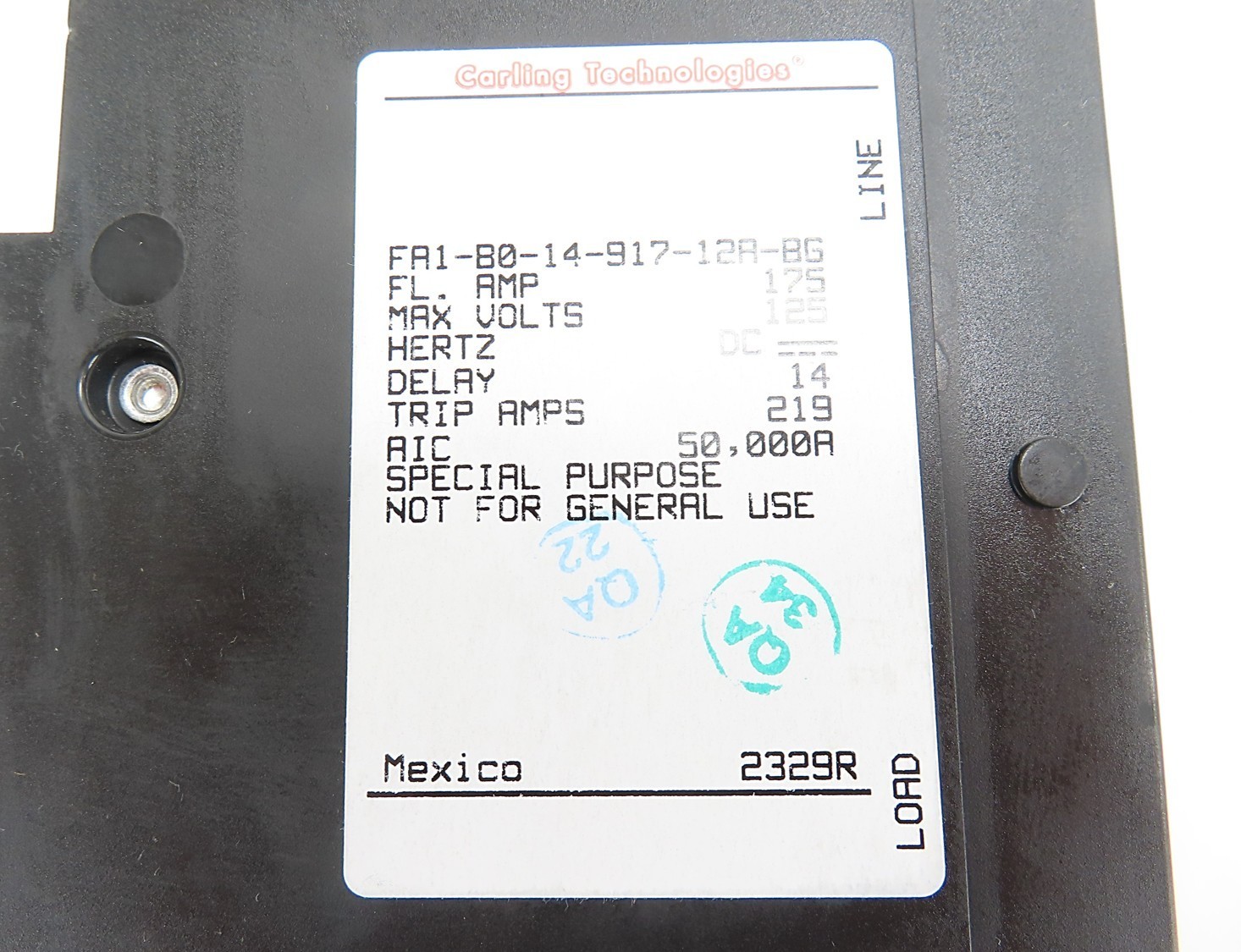 Carling Technologies FA1-B0-14-917-12A-BG Circuit Breaker 175A 125VDC NEW