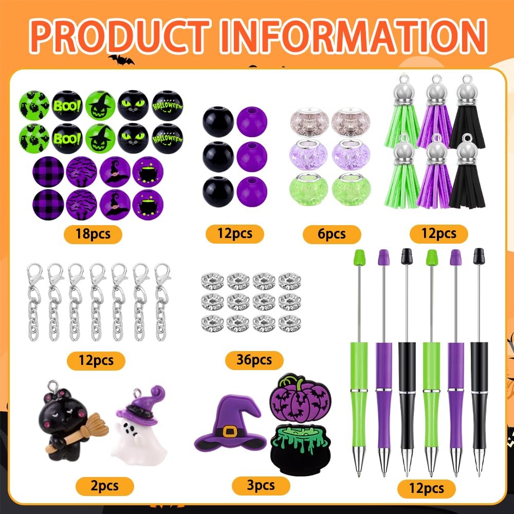 12 Set Halloween Beadable Pens Black Cat Witch DIY Kit Pendants ‎Multicolor