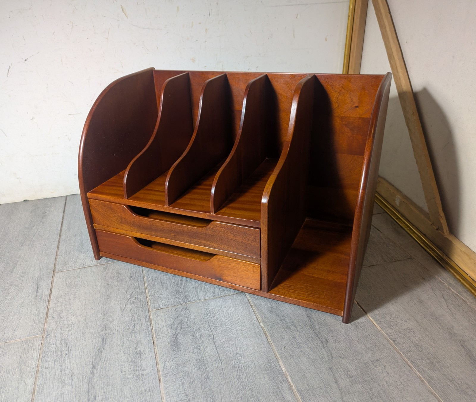 Vintage Mid Century Danish Modern Mahogany Wood Desk Organizer Mail Sorter H66