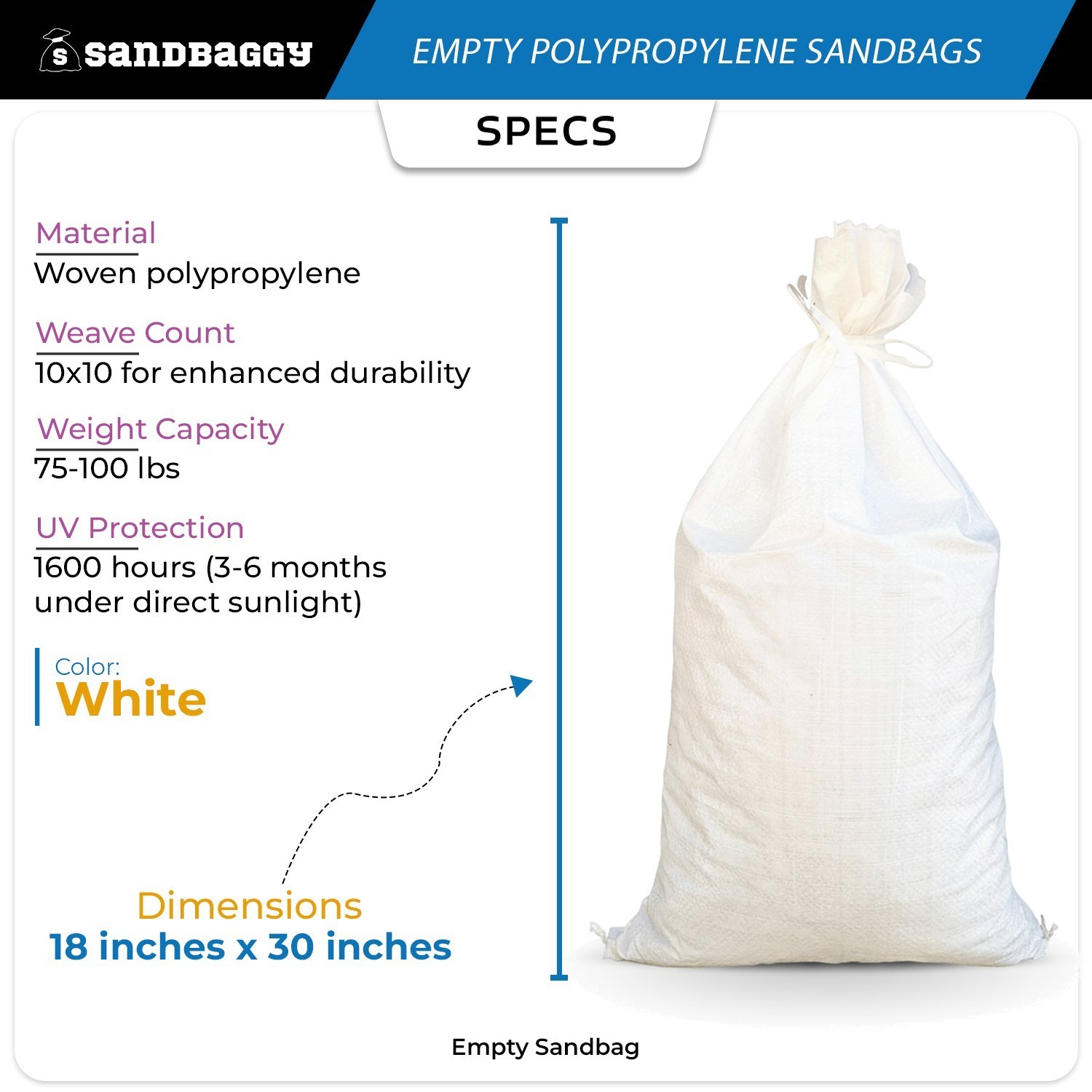 Sandbags – 1000 White 18″ x 30″ – Sandbag Sand Bags Bag Poly by Sandbaggy