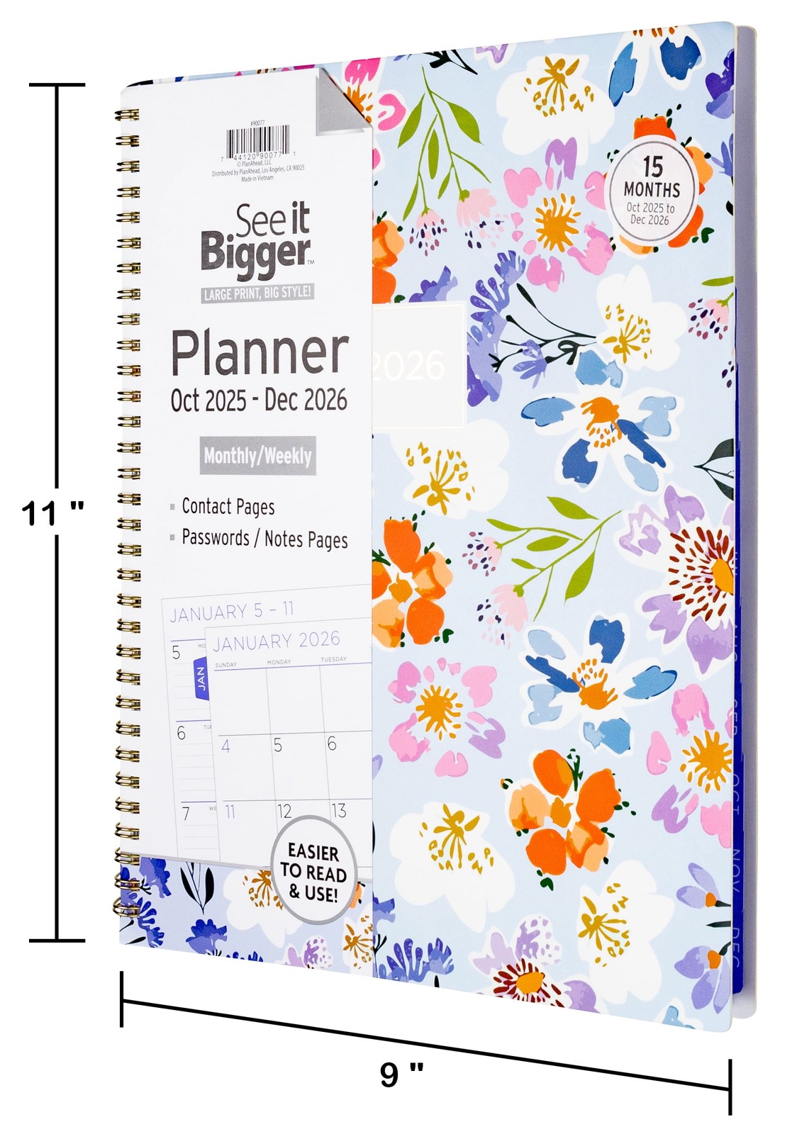 See it Bigger Monthly Weekly Planner Large (9″x 11″) Oct 2025 -Dec 2026