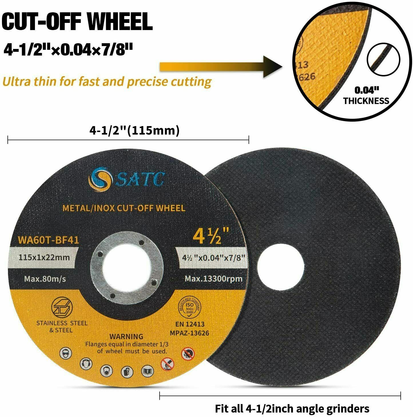 100 PCS 4-1/2″ x .040″ x 7/8″ Cut off Wheels Stainless Steel Metal Cutting Discs