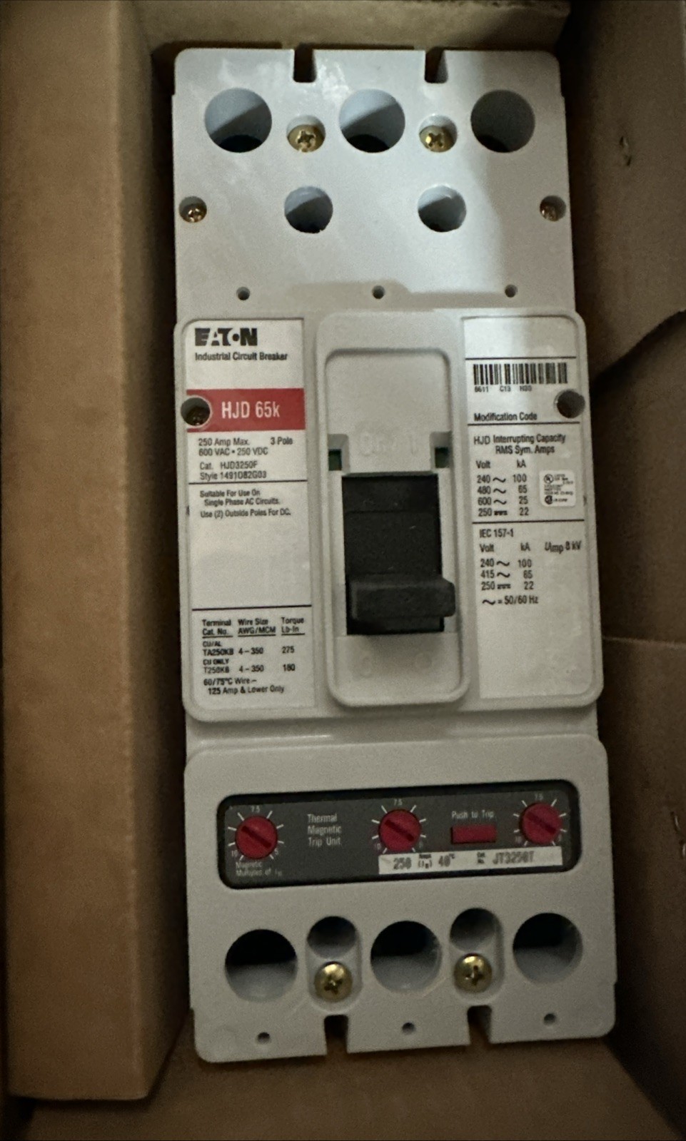 Eaton HJD3250F Circuit Breaker Frame 250A 3P 600VAC New