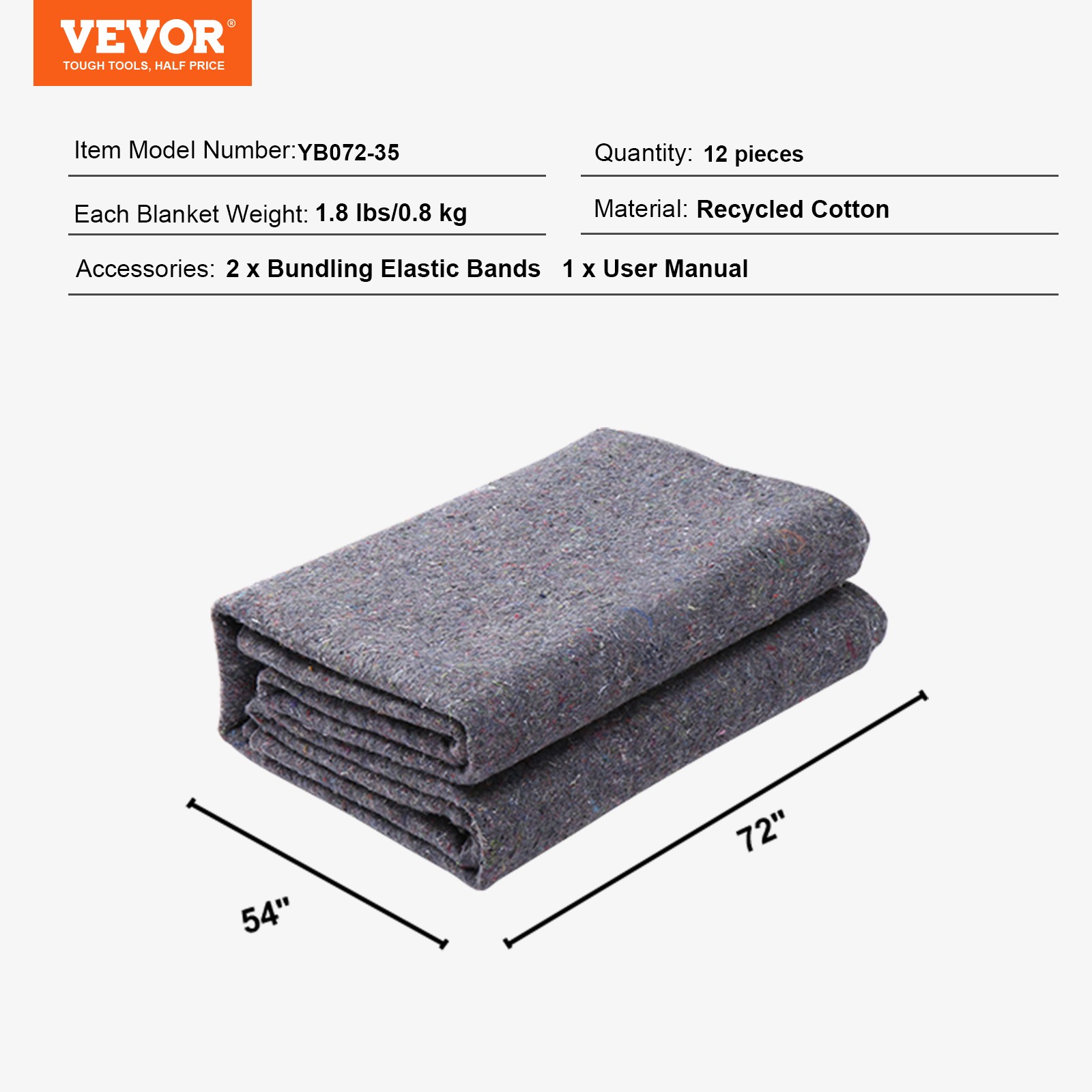 VEVOR Moving Blankets Packing Blankets 72″ x 54″ Furniture Pads 12-Pack 21 lb/dz