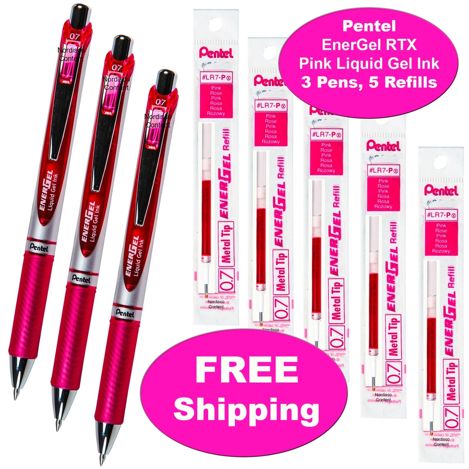 Pentel EnerGel RTX Pink Liquid Gel Ink, 0.7mm, 3 Pens with 5 Packs of Refills