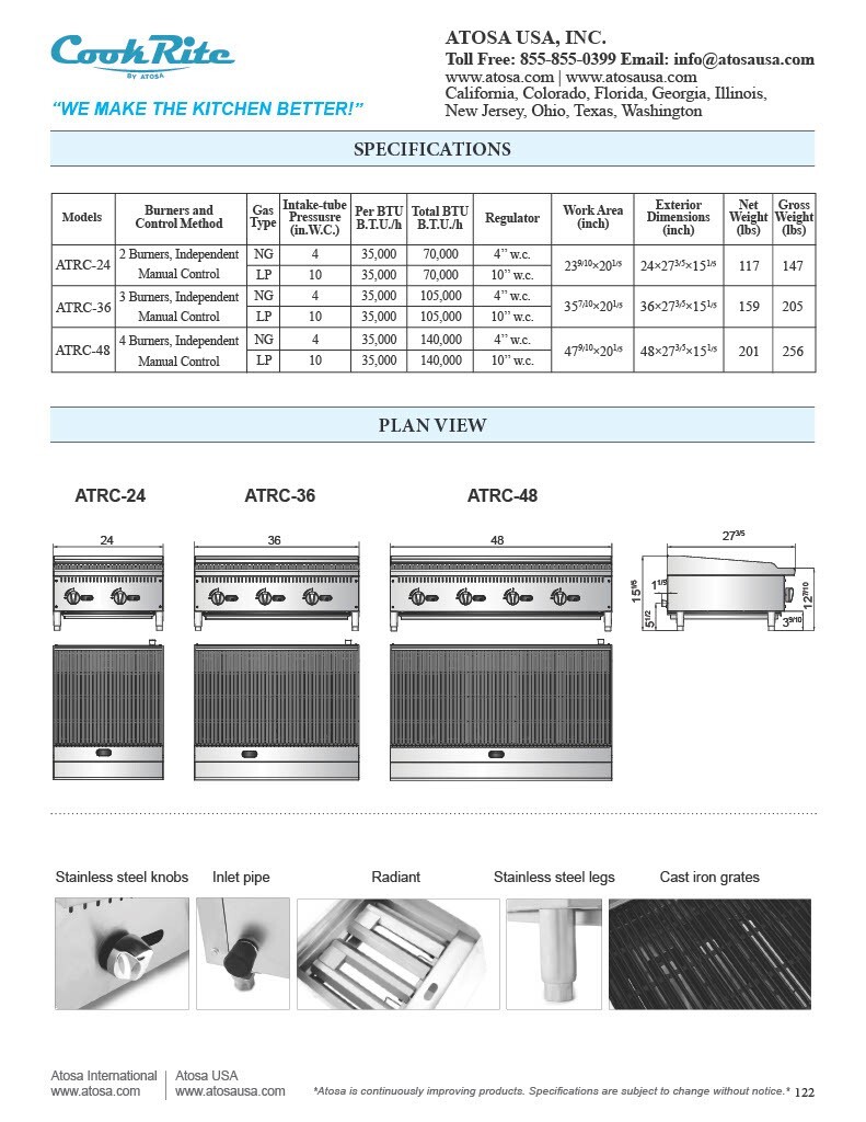 Atosa ATRC-36-LP 36″ RADIANT BROILER PROPANE WITH 5 YEARS PARTS & LABOR