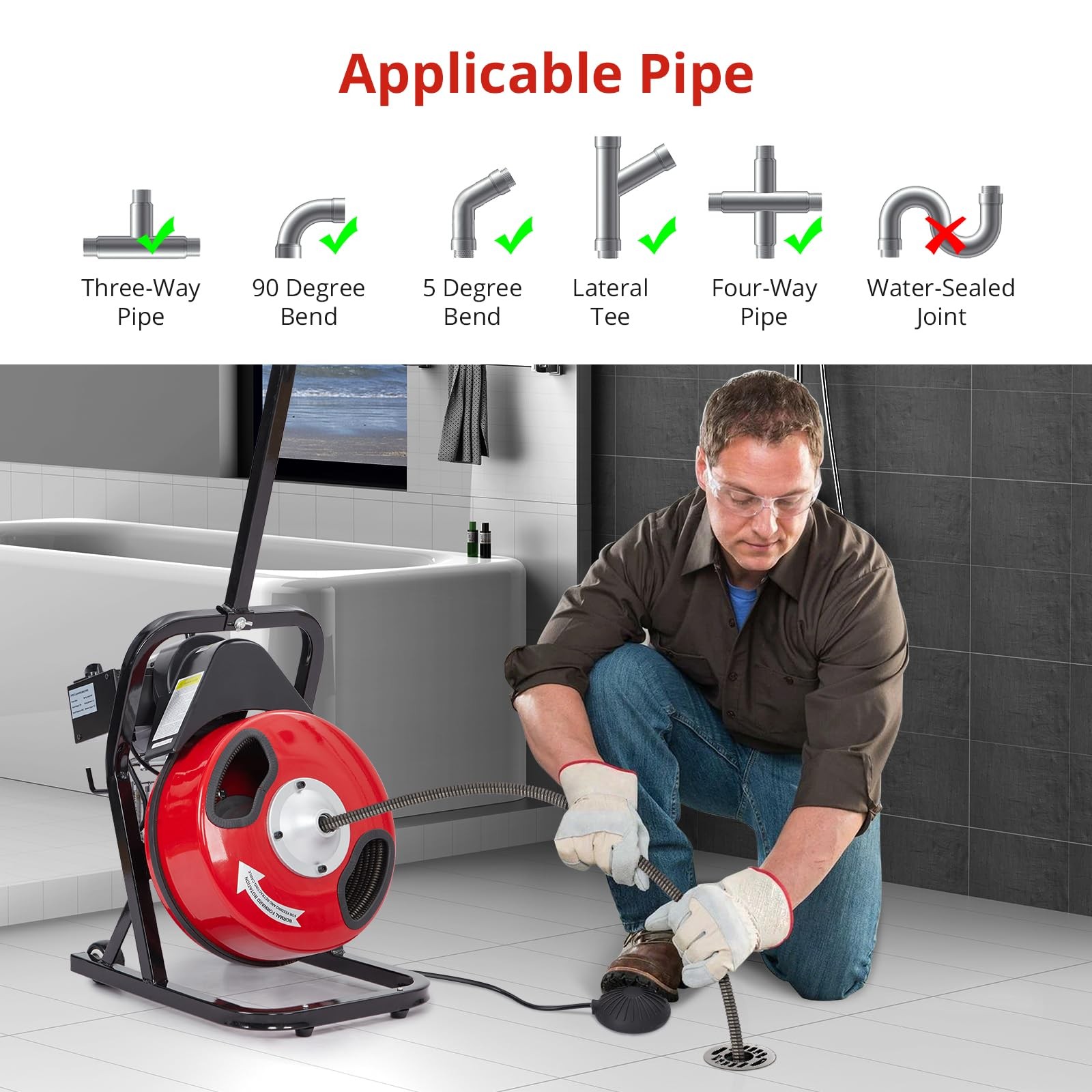 Drain Cleaner Machine 50FT x 1/2 Inch Electric Drain Auger for 1 to 4 Inch Pipe
