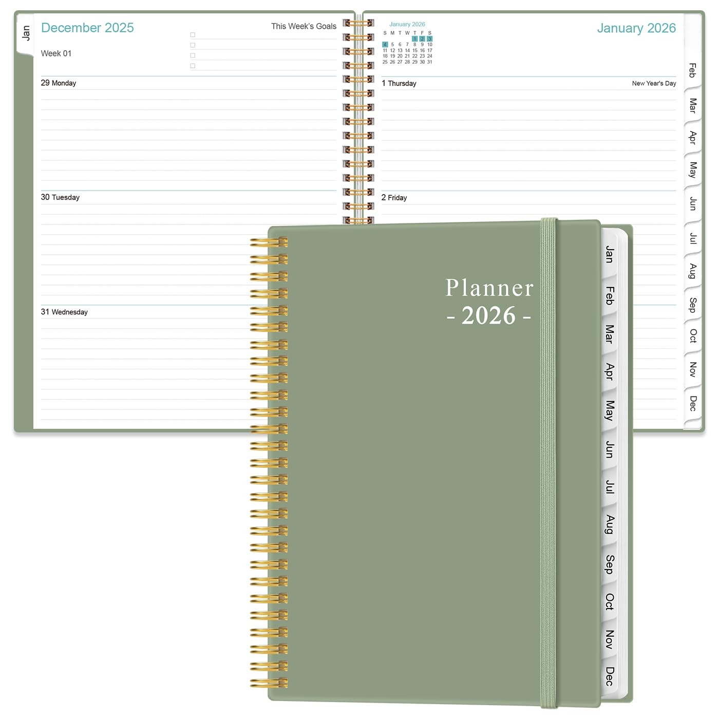 2026 Planner – Weekly Monthly 2026 from January 2026 to A4, Green