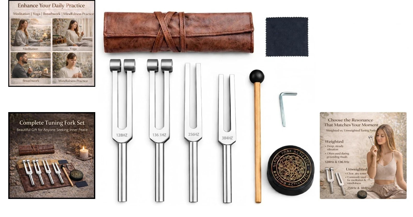 Tuning Forks for Healing Set (128Hz, 136.1Hz, 256Hz & 528Hz) – for Meditation