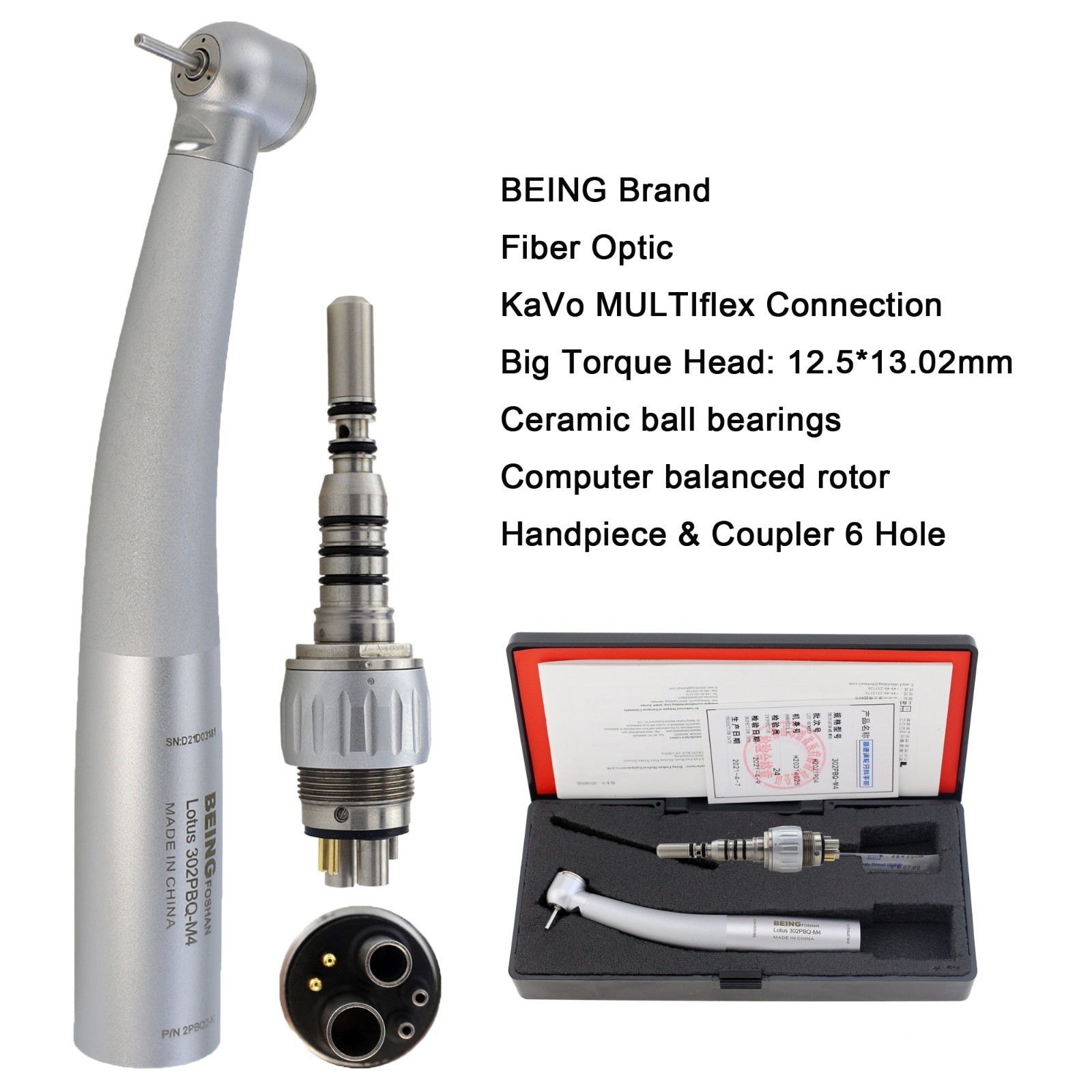 BEING Dental Turbine High Speed Fiber Optic KaVo NSK Coupler 4 Hole 6 Pin LED