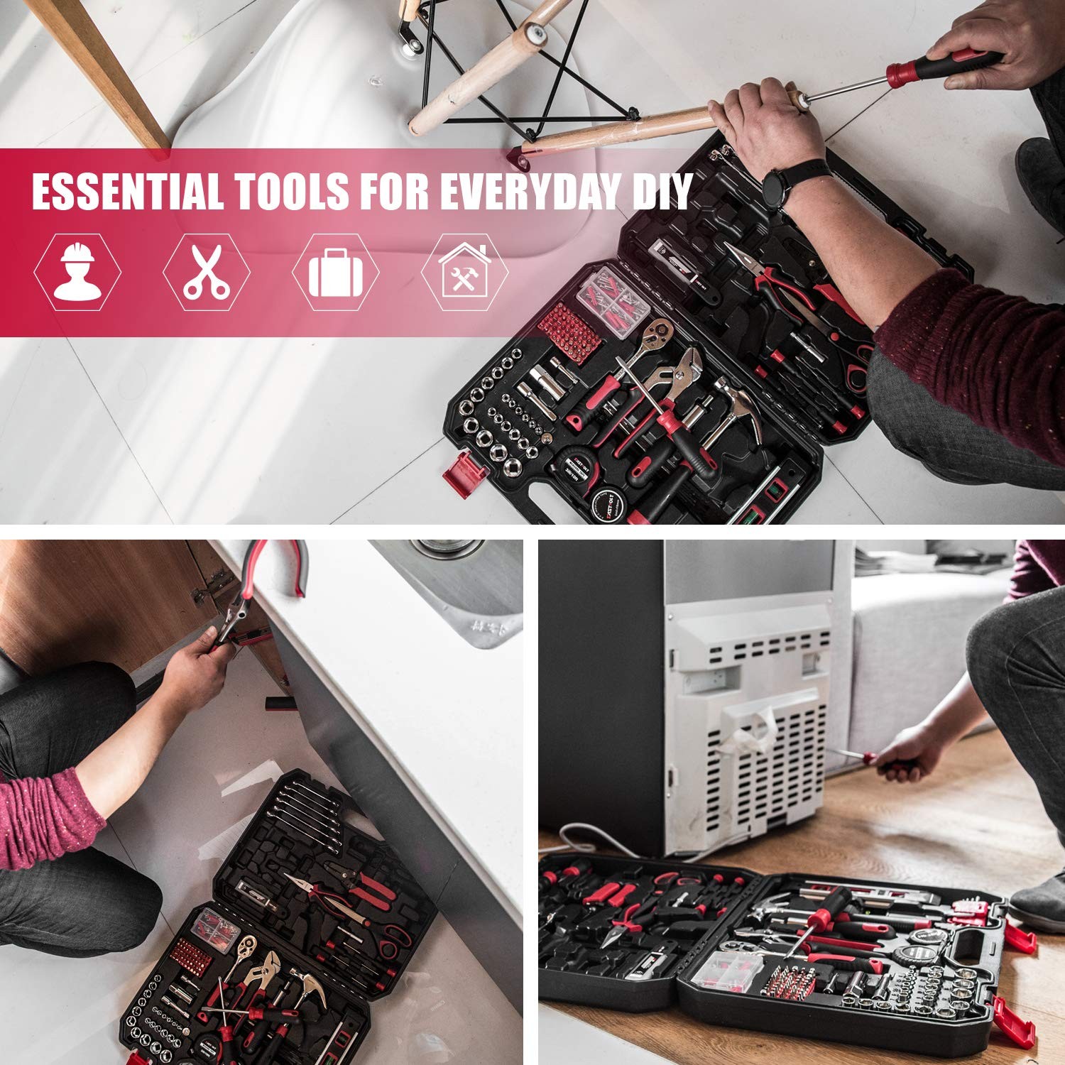 Eastvolt 218PC Household Tool Kit Home Repair Mechanic Toolbox Set Black Red