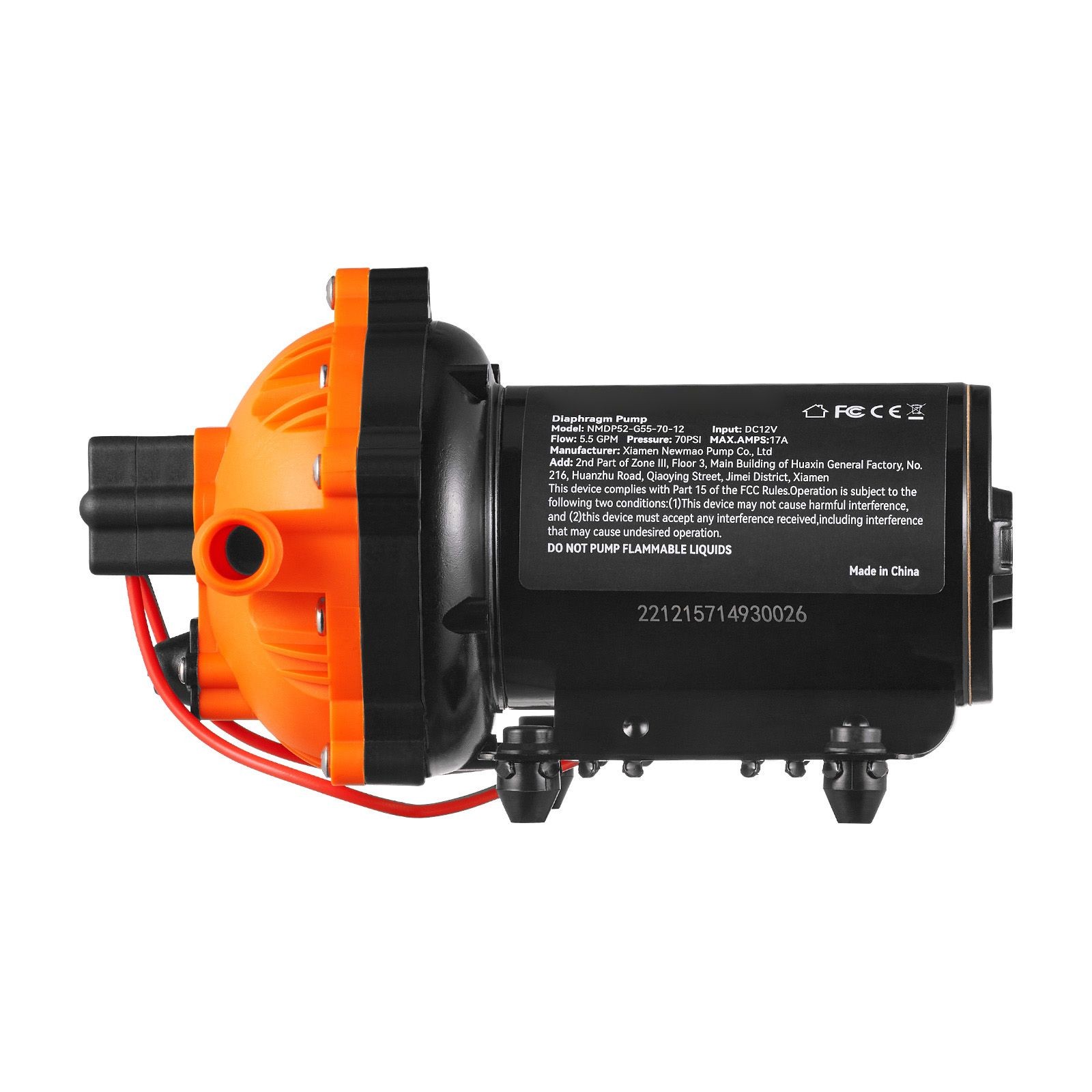Water Diaphragm Pump, 12V DC, 5.5 GPM Flow, 70 PSI Rated Pressure (40-100 PSI Ad
