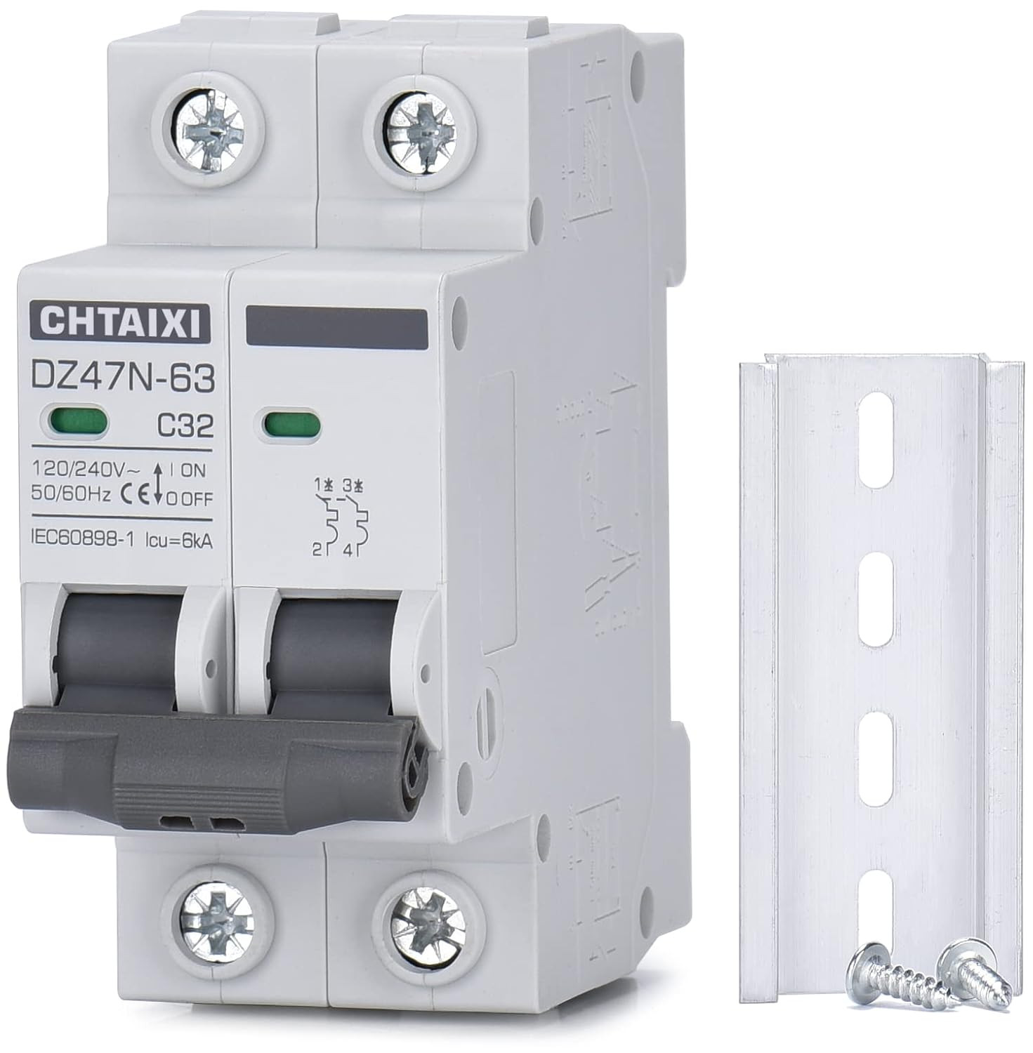 AC Miniature Circuit Breaker, 32 Amp 120V/240V 2 Pole DIN Rail Mount Circuit Bre