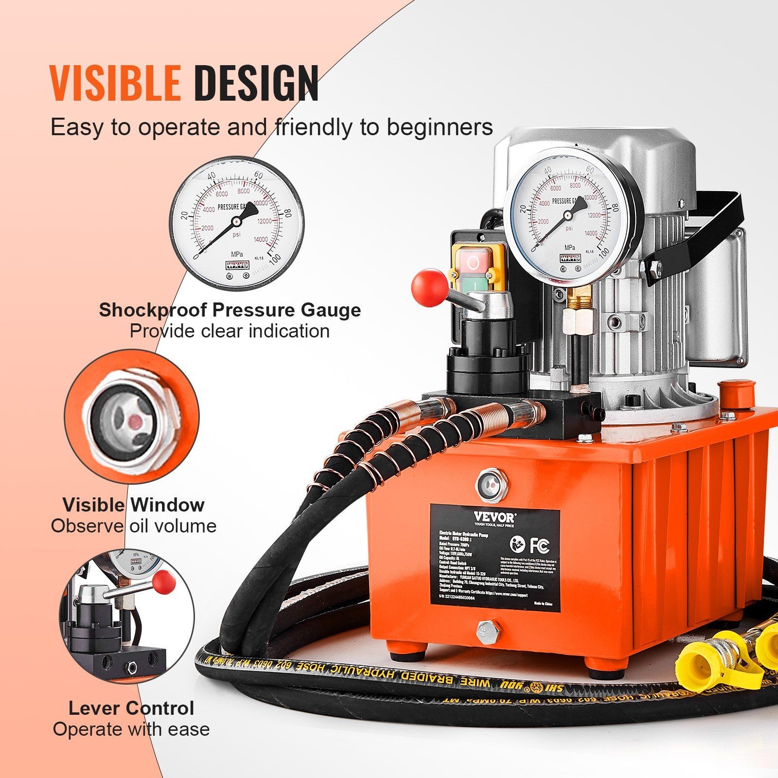 Electric Hydraulic Pump 10000PSI 750W 110V 488in³/8L Adjustable Flow