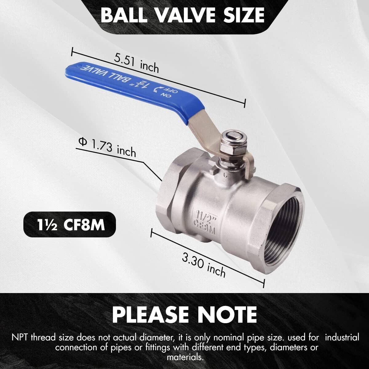 1-Piece 11/2″ Ball Valve Full Port,316 Stainless Steel, 1000 WOG for Water 2PACK
