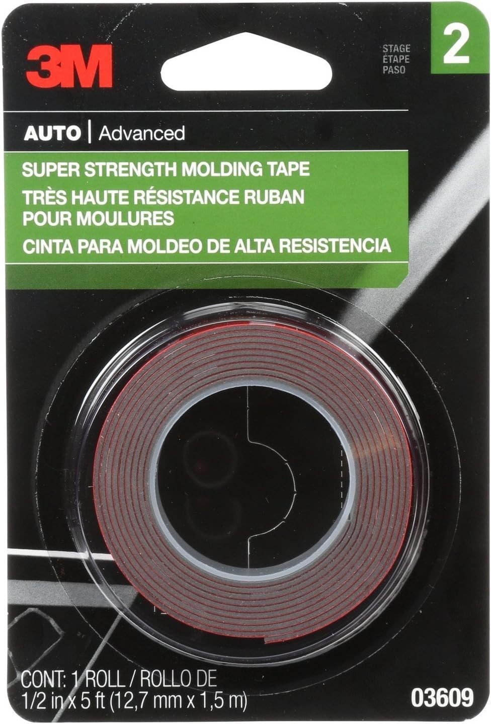 3M Automotive Super Strength Molding Tape, Double-Sided Adhesive, 1/2″ x 5 ft, 1