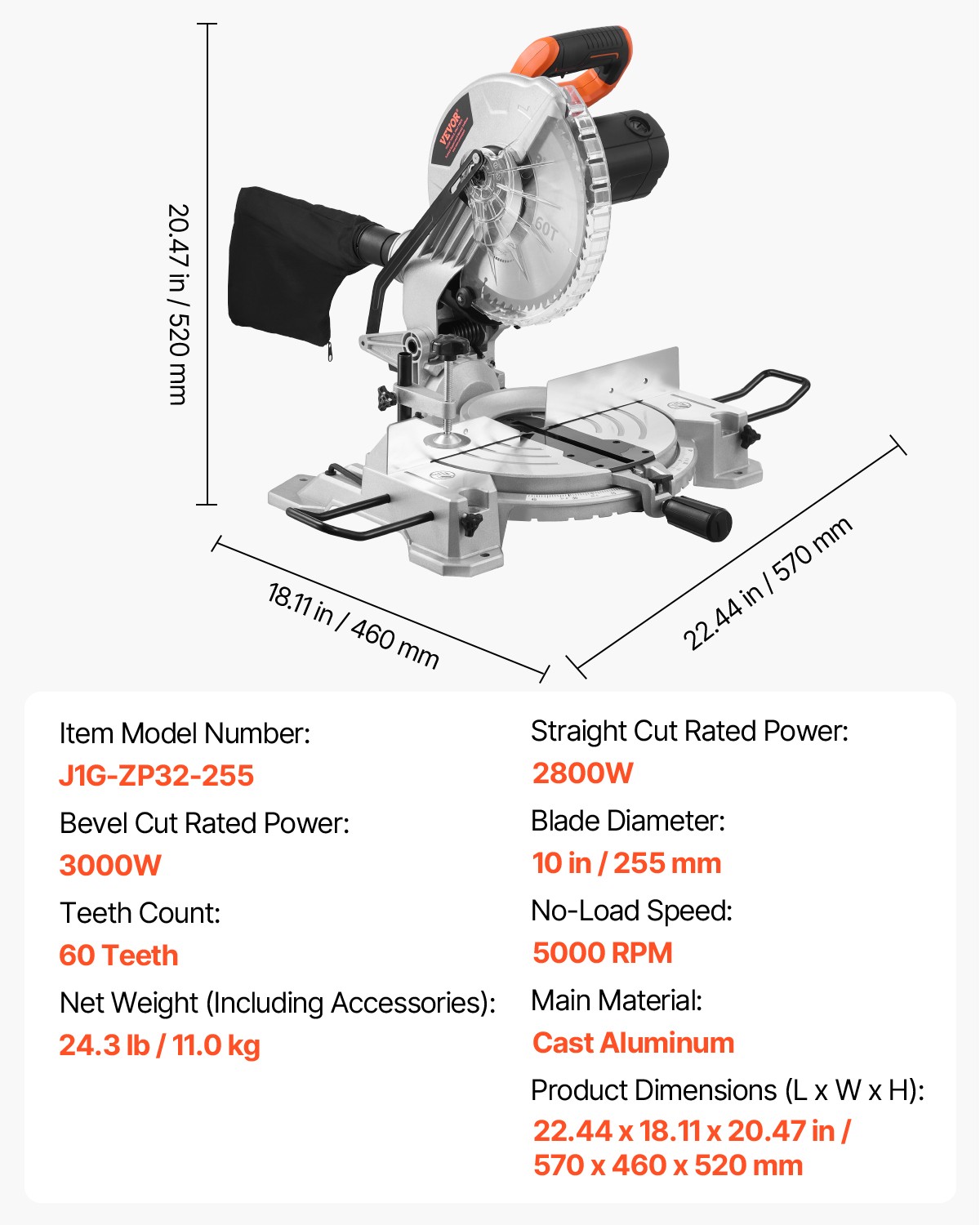 VEVOR Compound Miter Saw 10» Blade 15 Amp 60-Tooth Corded Single Bevel 0-45°