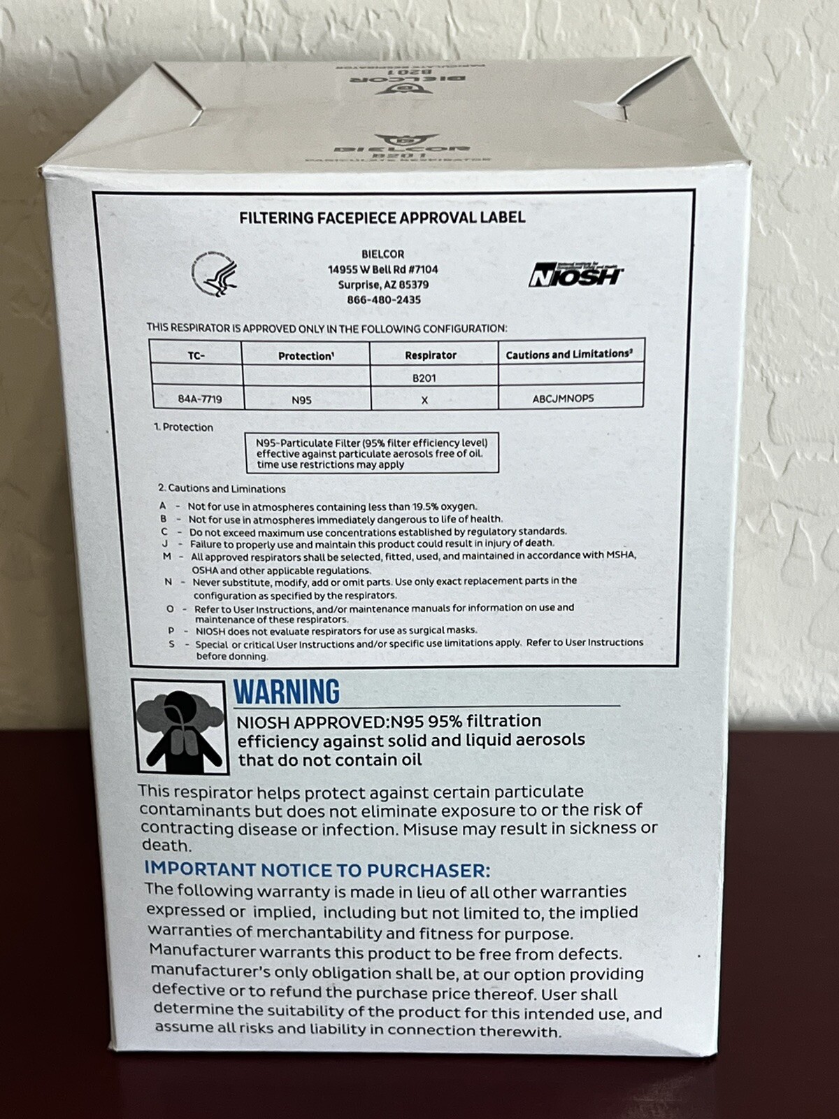 Bielcor N95 Particulate Respirator Masks B201 NIOSH Approved 20 PK