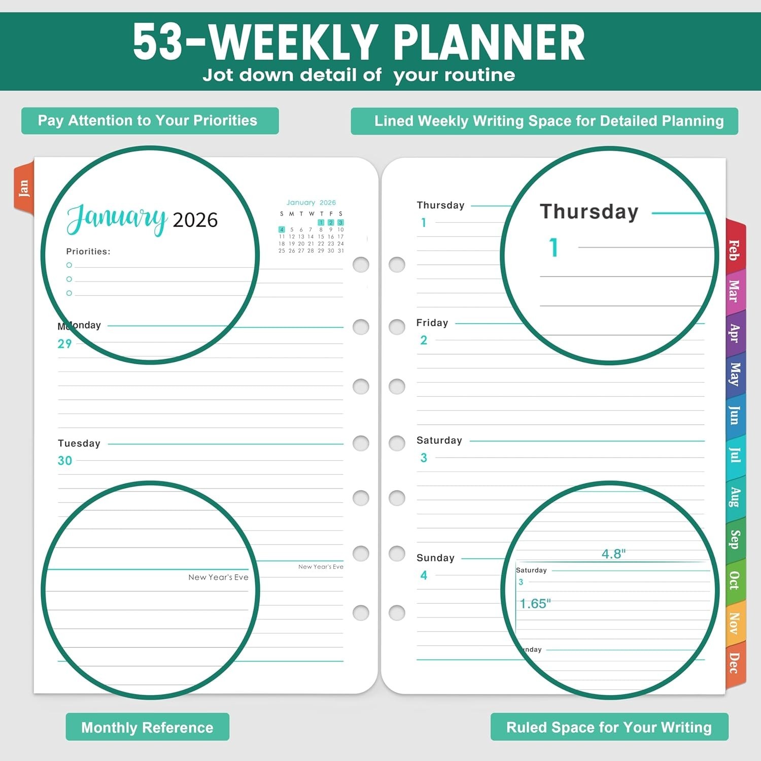 2026 Calendar Planner Inserts A5 5.5 Inch x 8.5 Inch with Flexible Removal Tabs