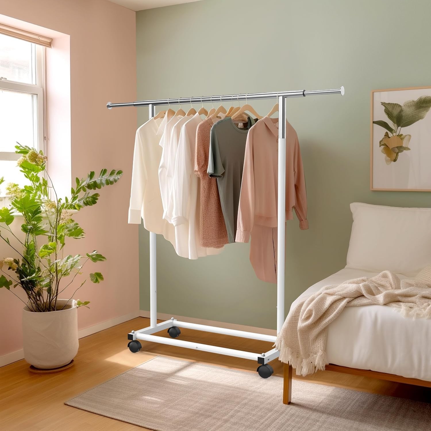 Extendable Clothing Rack with Rolling Wheels, Adjustable Width 30 to 47 Inches