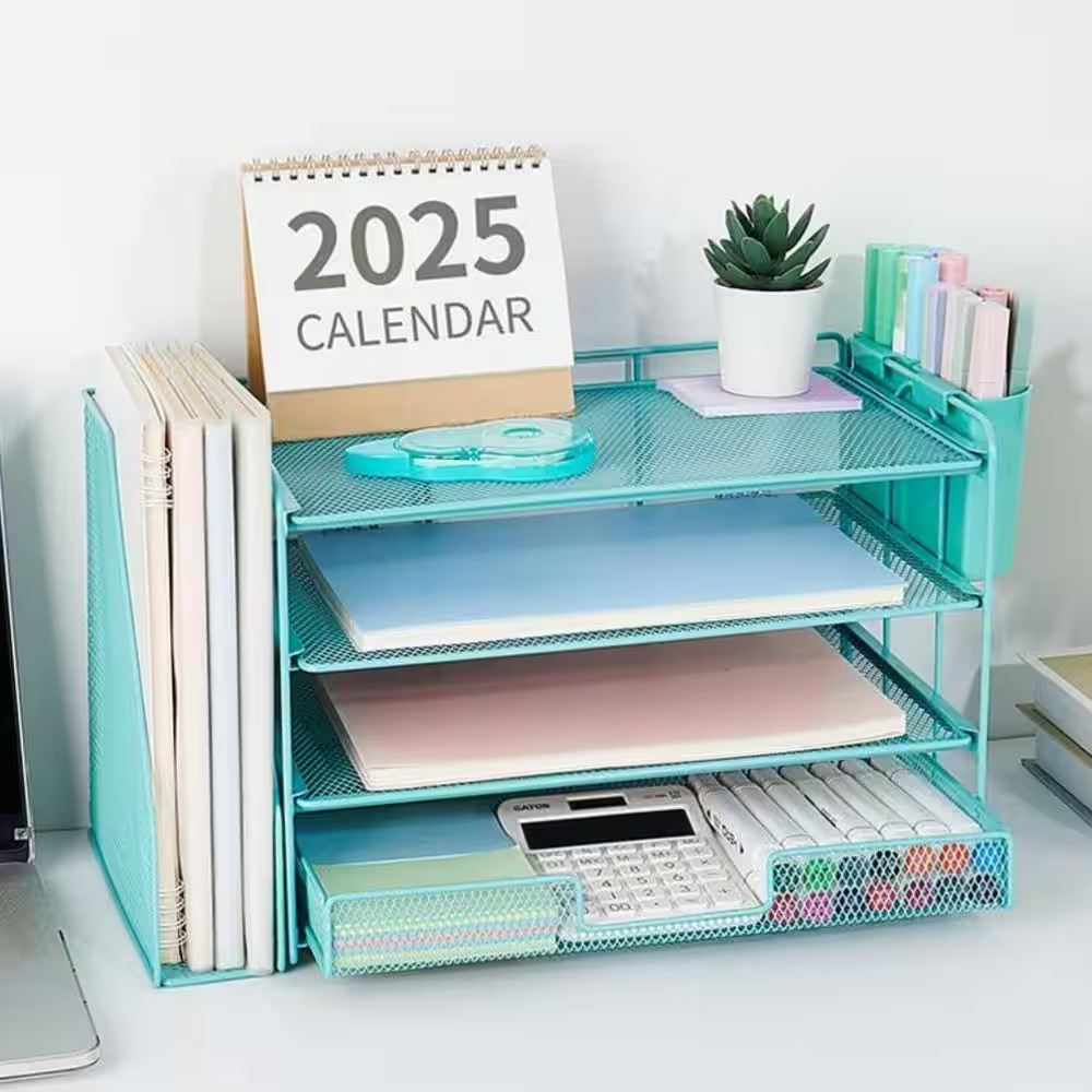 15.5 in X 9.3 in Blue Metal Desk Organizer and Accessories, 4-Tier Desktop File