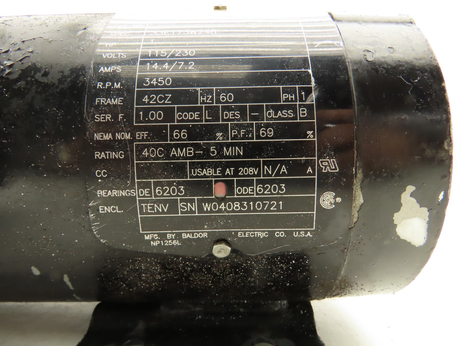Baldor 33E173W248 AC Motor 1Hp 3450rpm 115/230v 1ph 42CZ TENV