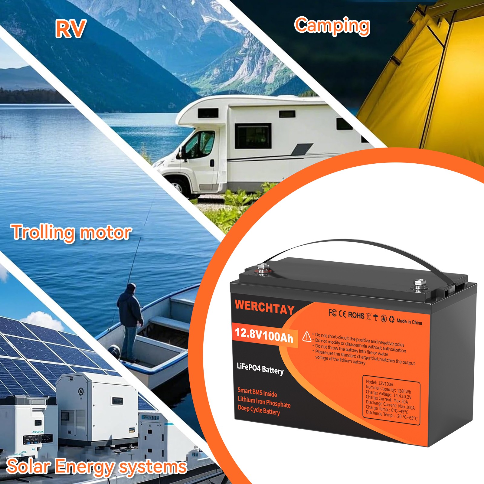 100Ah LiFePO4 Lithium Battery 12V BMS Deep Cycle for RV Marine Solar Off-grid