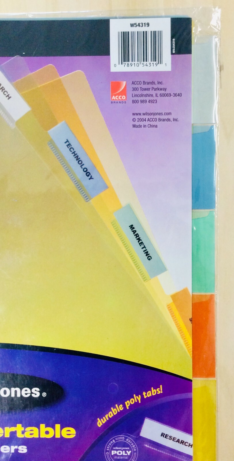 Wilson Jones Poly Insertable Dividers, 5-Tab Set, Multicolor Tabs (W54319)