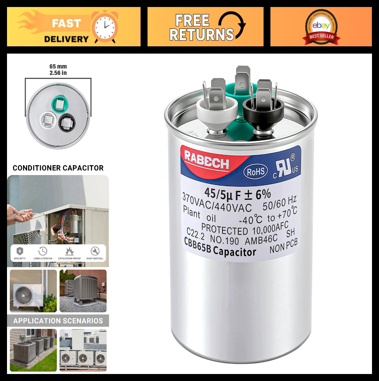 Dual Run Start AC Capacitor 45/5uF 370V 440V Round MFD for Air Conditioner
