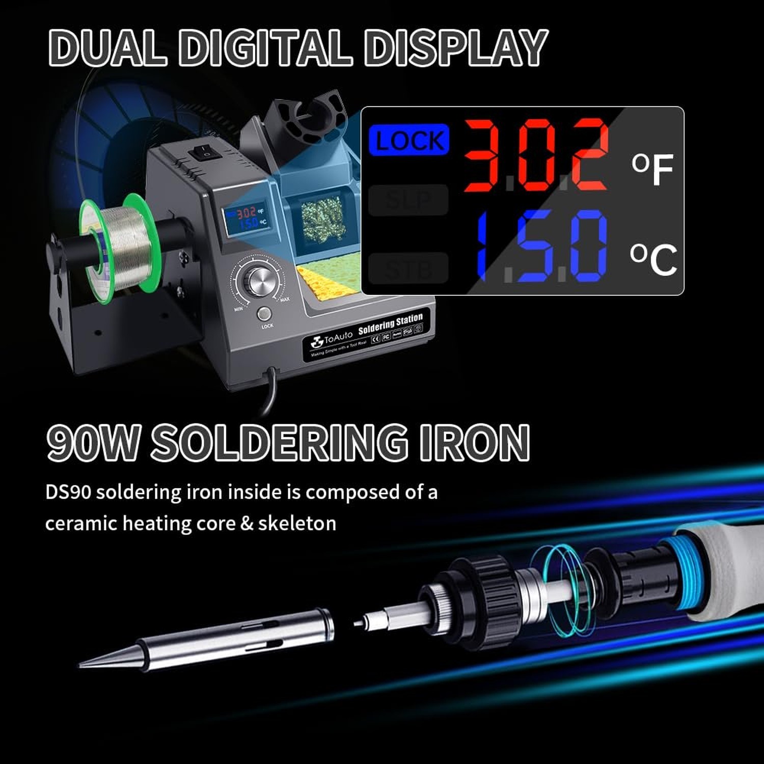 TOAUTO DS90 Soldering Station-°F & °C Dual Digital Display Soldering I