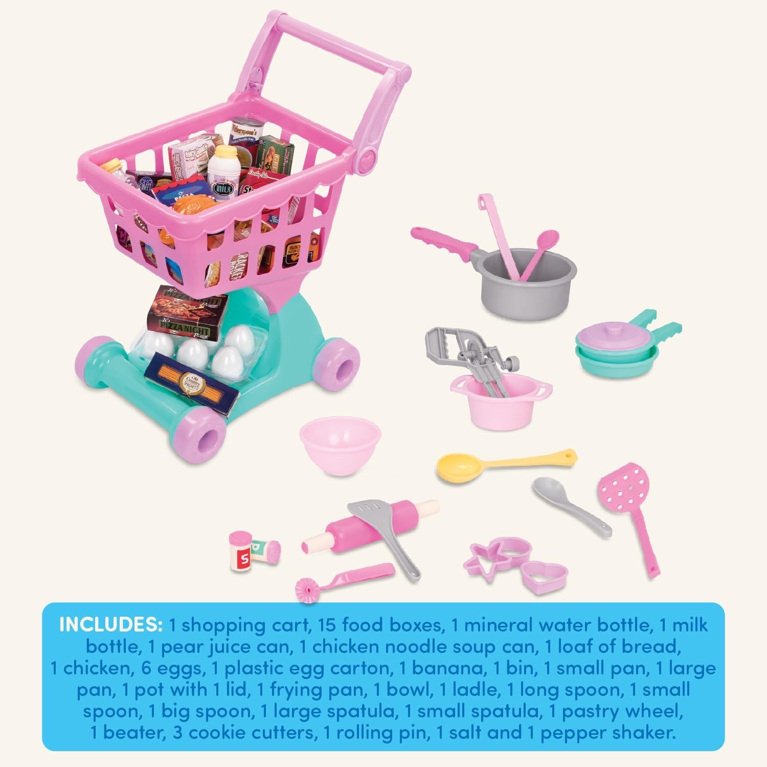 Kids Shopping Cart & Grocery Set – Toy Food Play Kitchen – Pretend Play 3+ Years