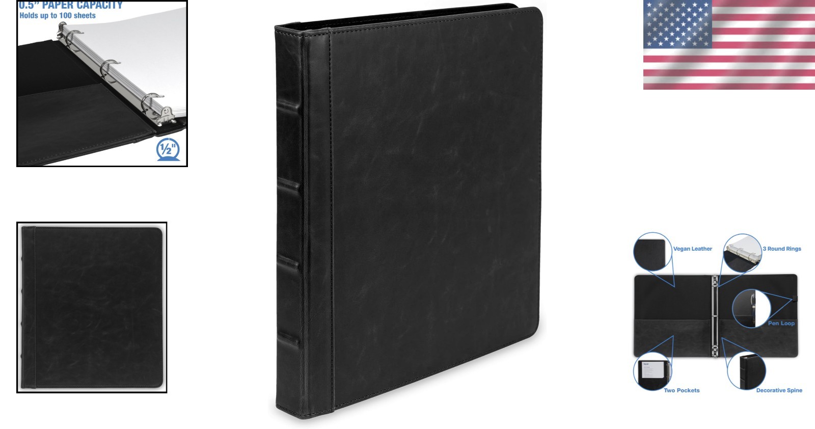 Vintage Leather 3 Ring Binder 0.5 Inch Round Ring Holds 100 Sheets, 8.5 x 11 …