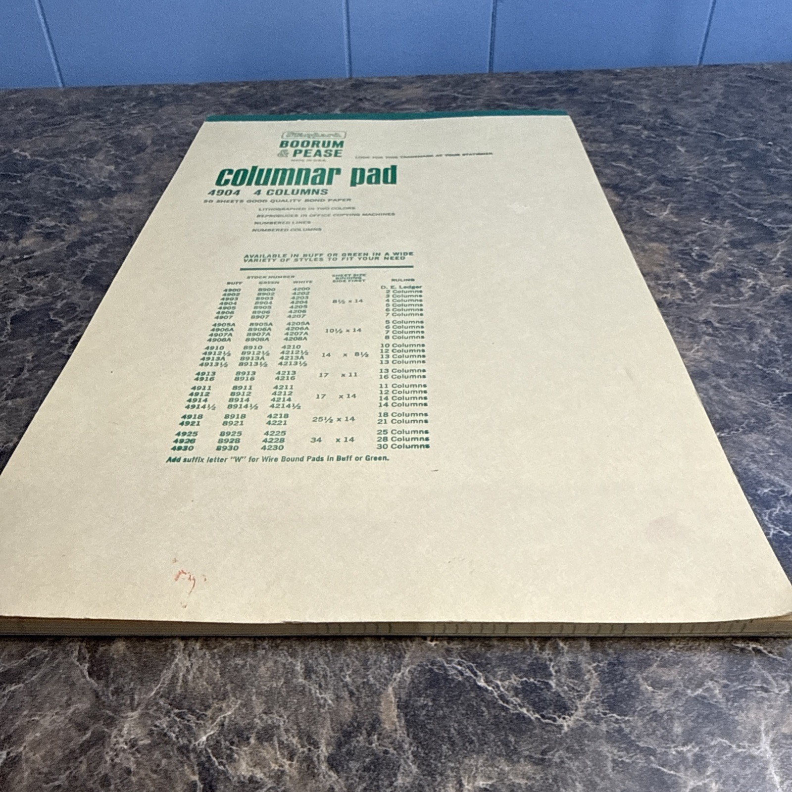 Boorum & Pease columnar pad 4 Columns With 50 Sheets 4904 VINTAGE