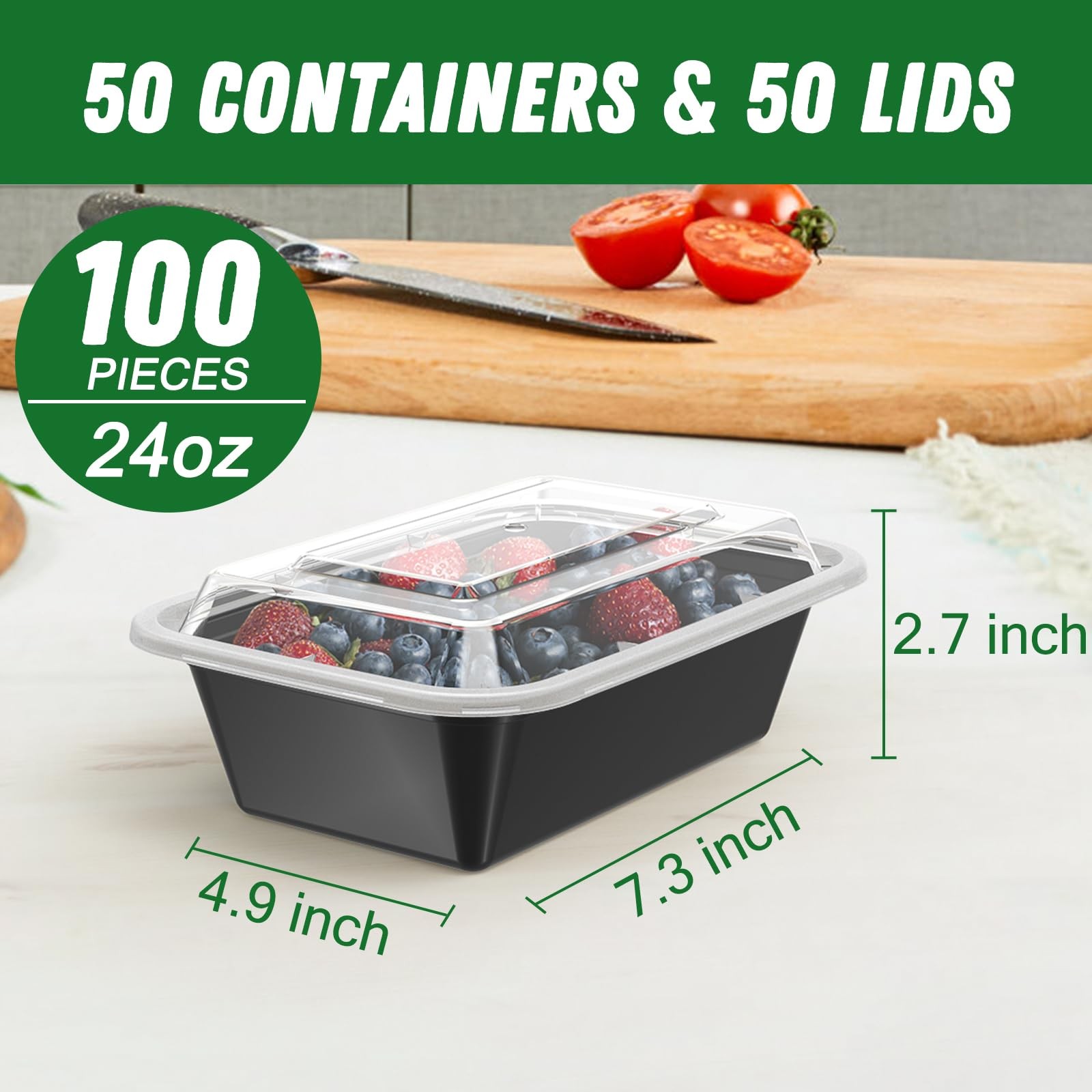 Dealusy 50 Pack (100-Piece) 24 oz Meal Prep Containers Reusable 24 oz, Black