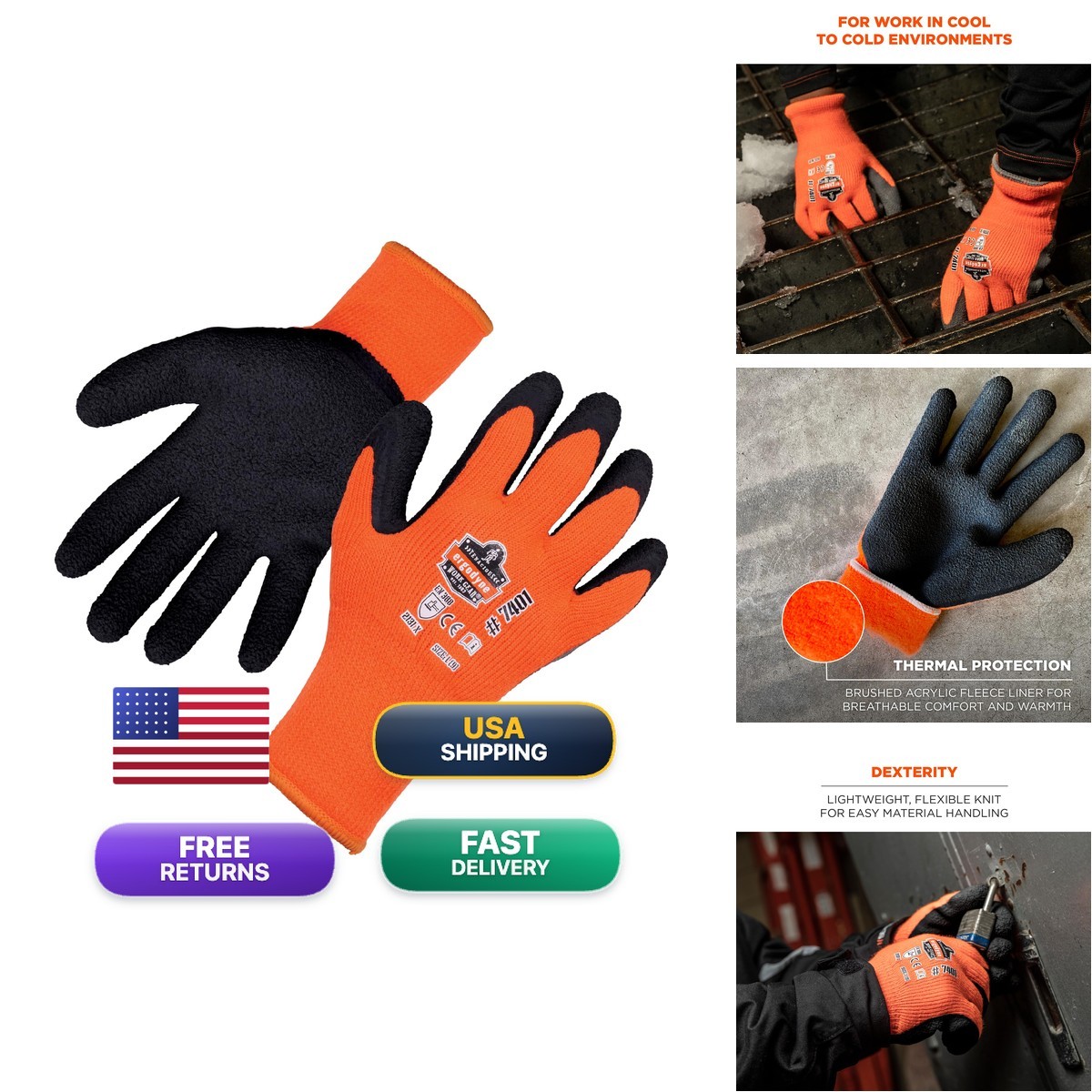 Ergodyne ProFlex 7401 Coated Winter Work Gloves, Latex Coated Palm, Thermal