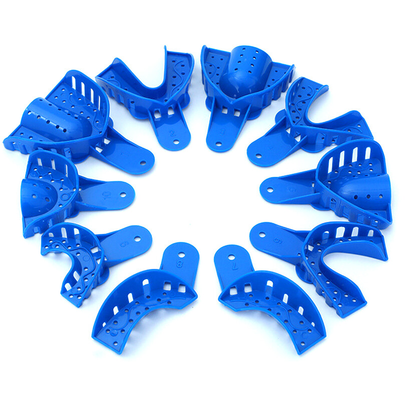 2PCS Dental Impression Trays Blue Plastic Perforated Set Upper / Lower S/M/L/XL