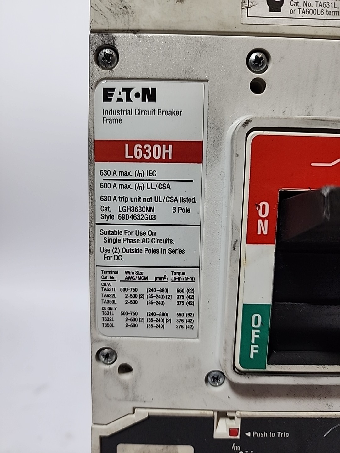 Eaton LGH3630NN Circuit Breaker 600A 3P 600V
