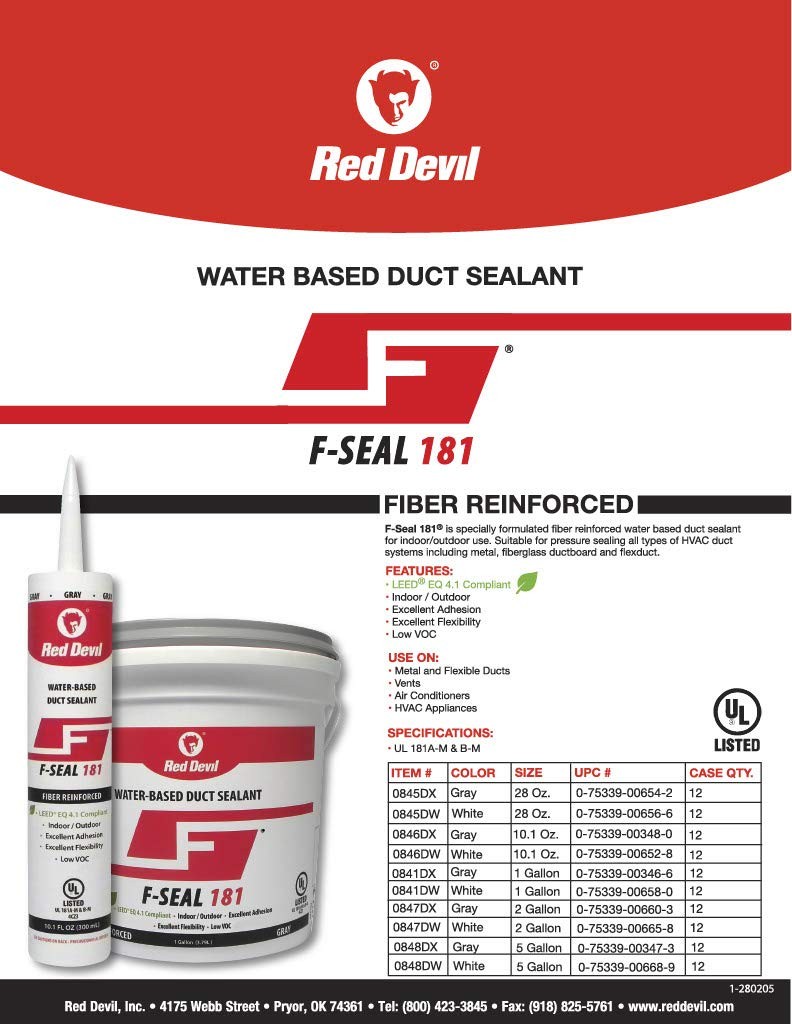 Red Devil F~Seal 181 Fiber Reinforced Duct Sealant 1 Gallon Gray