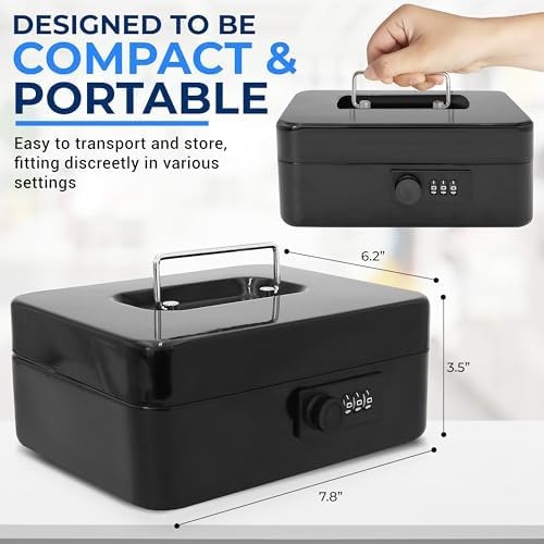 SereneLife 8″ Metal Cash Box with Lock | Cash Safe Lock Box with Money Tray |…