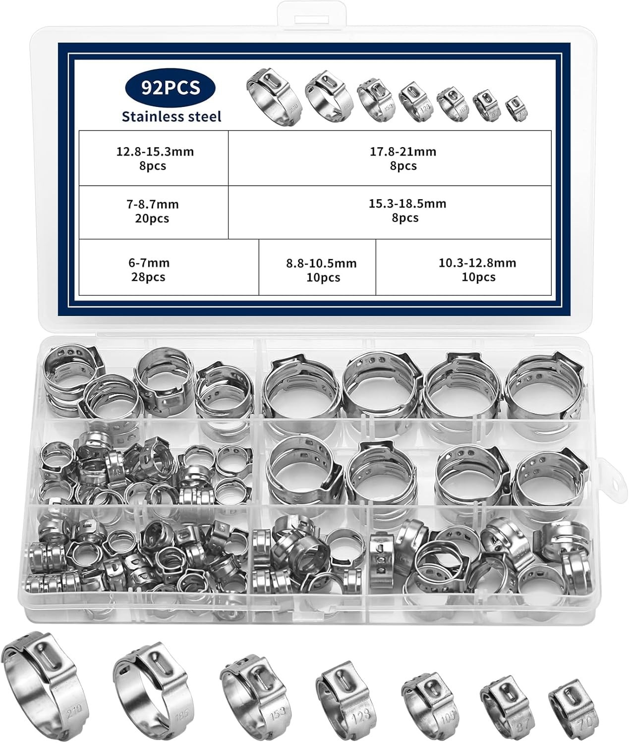 Binifimux Single Ear Hose Clamps, Oetiker Clamps, 92Pcs(6.0Mm-22.6Mm) Crimp Pipe