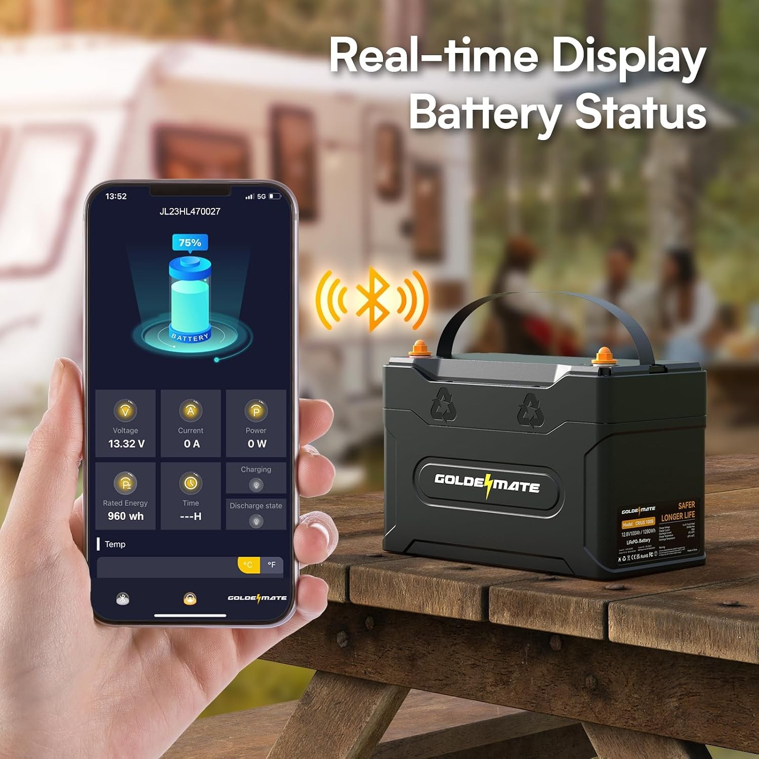 GOLDENMATE 12V 100Ah Group 31 Bluetooth LiFePO4 Battery, IP67 Waterproof Lithium