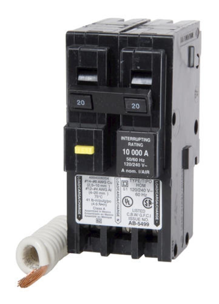 20 Amp 120/240 VAC 2 Pole Plug On GFCI Circuit Breaker Overload Protection