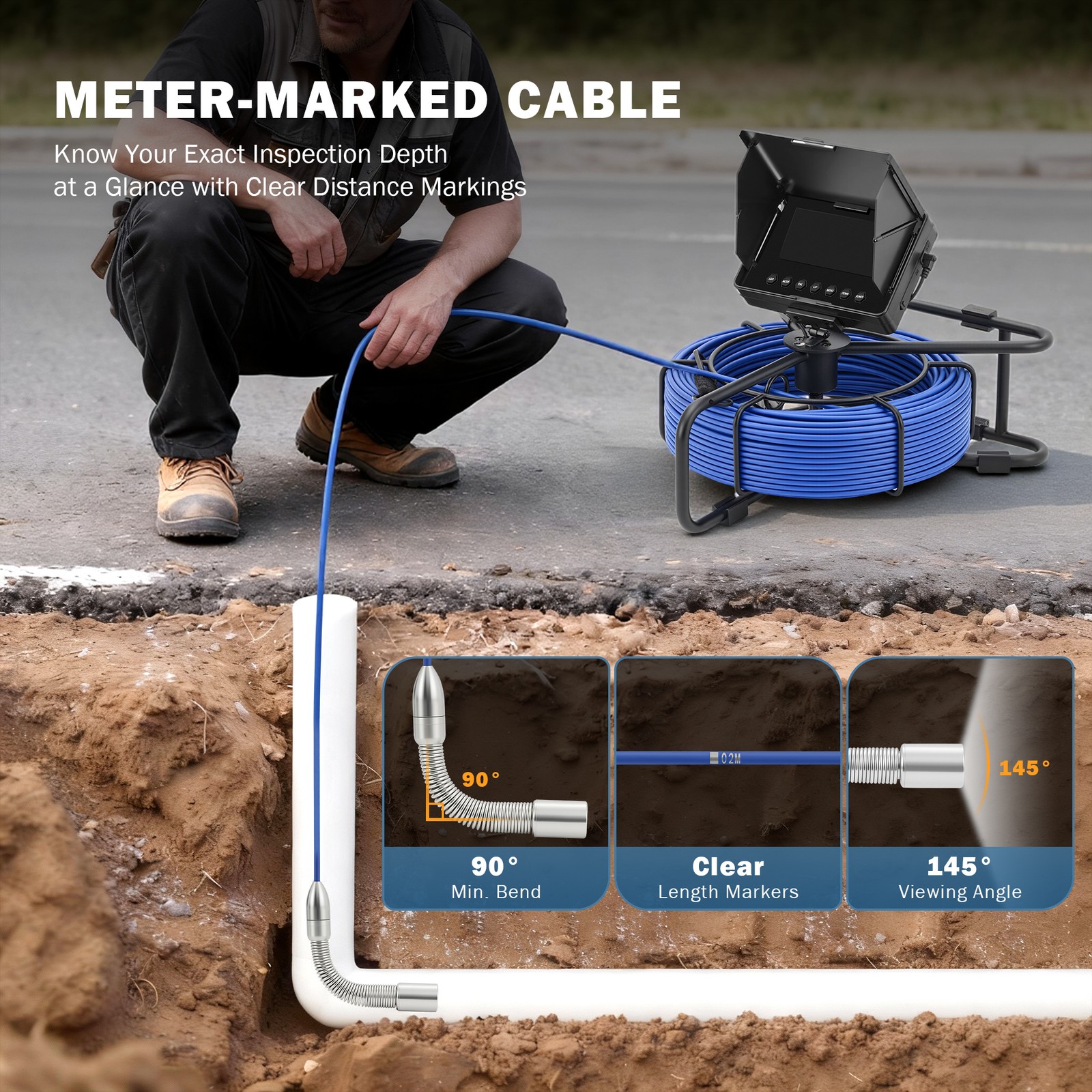4.3 in Sewer Camera w 98ft/30m Cable Length Marker 8500mAh Sewer Inspection 32GB