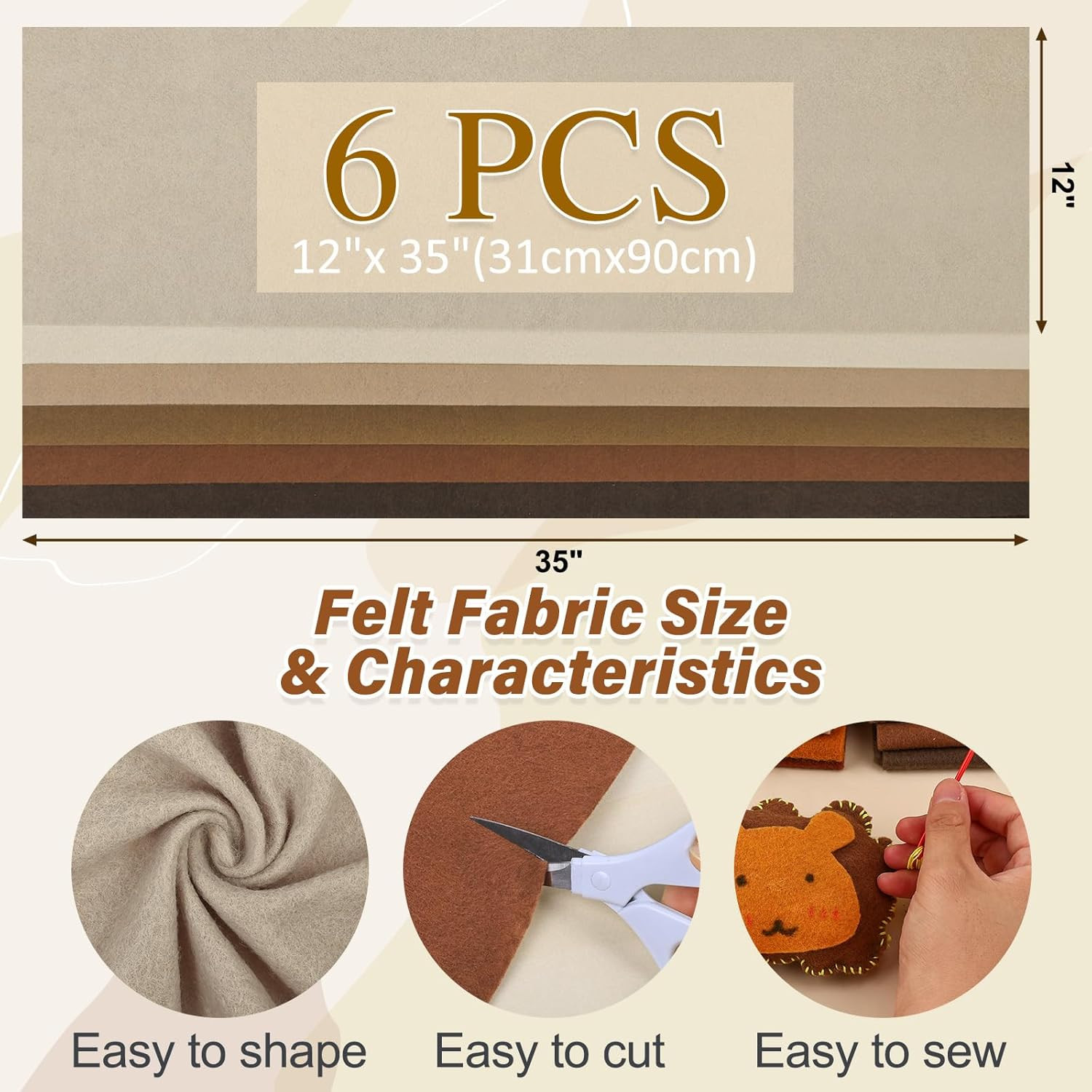 6 Rolls 12″X35″ 1.4Mm Thick Soft Felt Fabric Sheet 6 Assorted Earth Tone Series