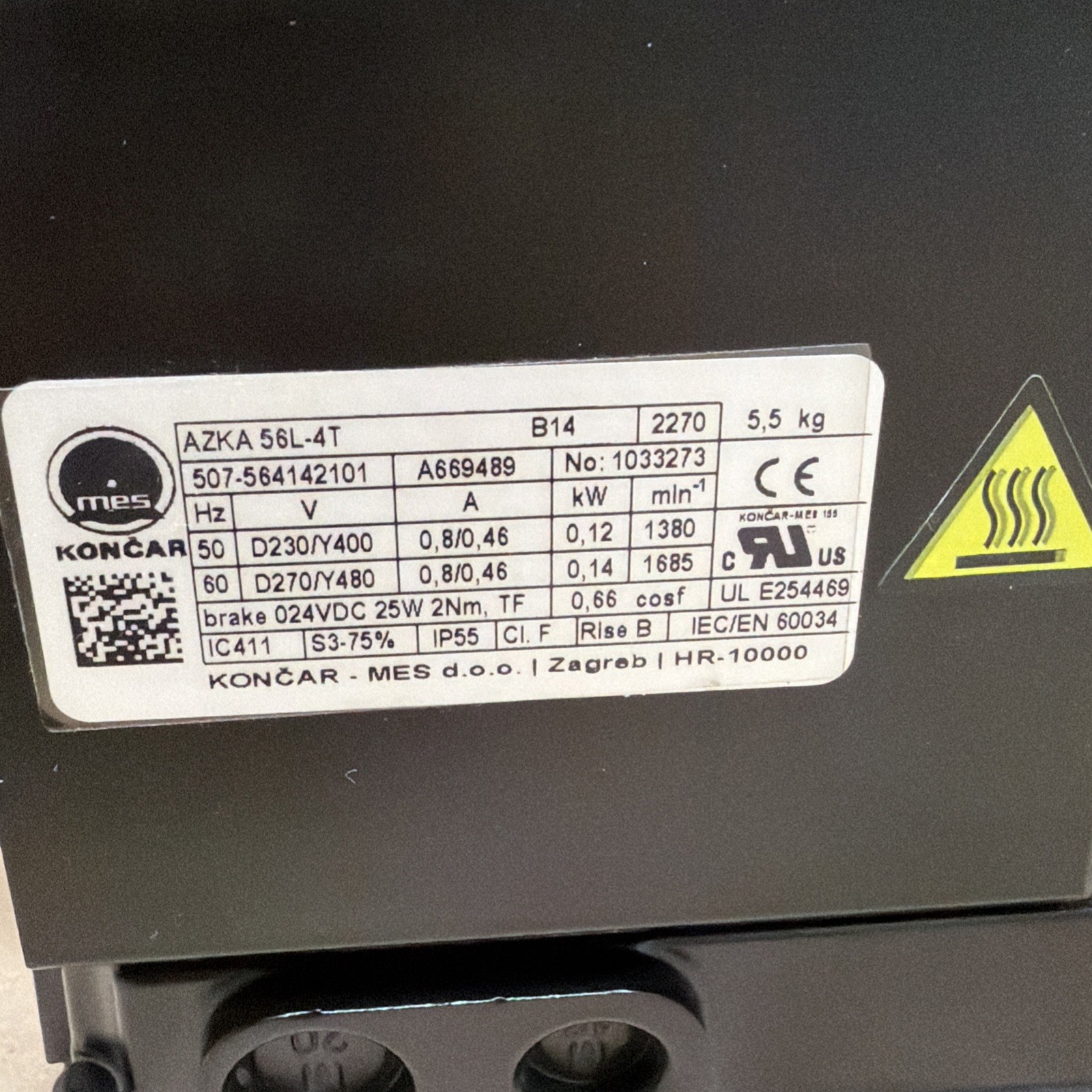 KONCAR AZKA 56L-4T Servo Motor 0.12kW Brake B14 Mounting For Weiss MES TC0150T