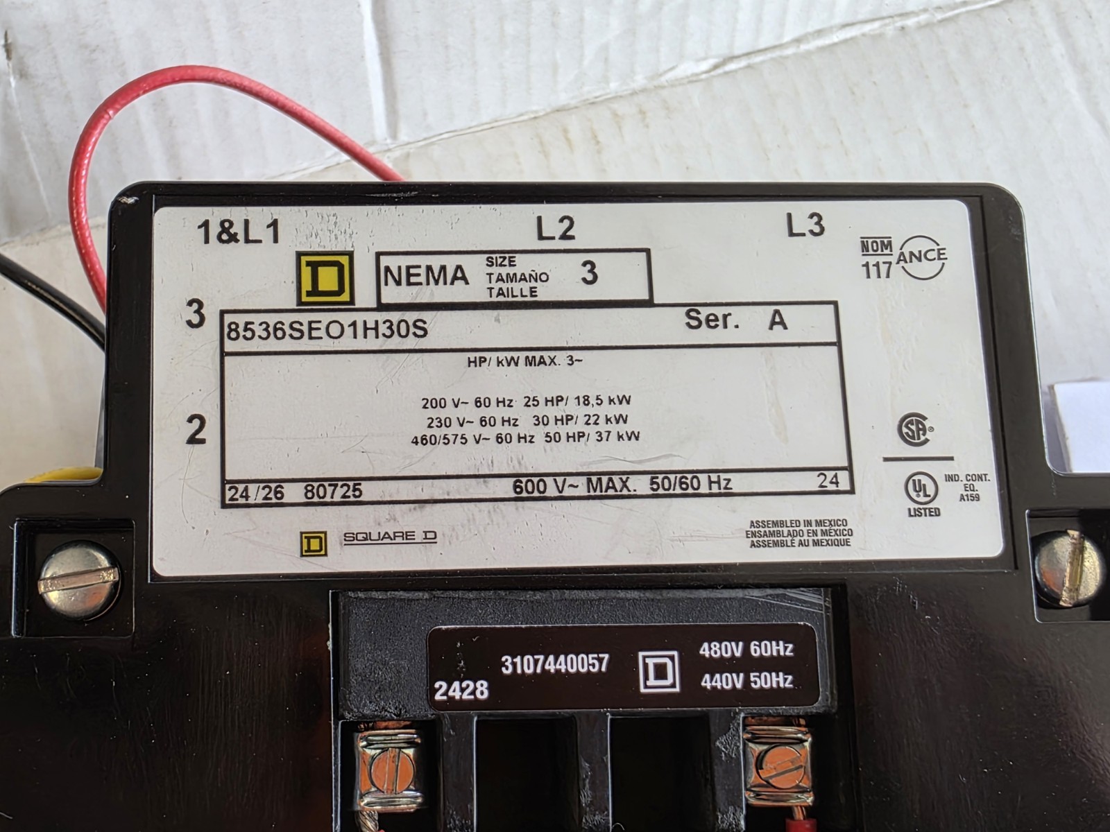 Square D NEMA Size 3 Starter 8536SEO1H30S 600V Max 120V Coil 9065ST320 30-90A OL