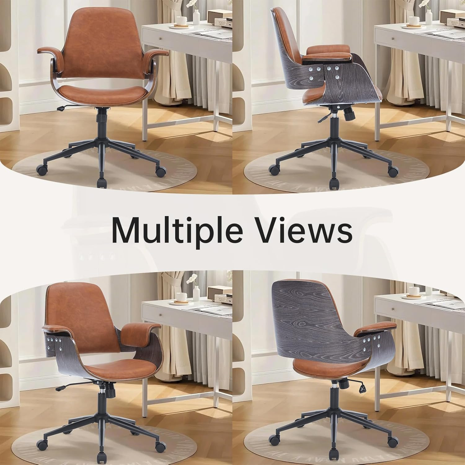 Ergonomic Mid Century Modern Swivel Office Chair with Walnut Finish – Brown