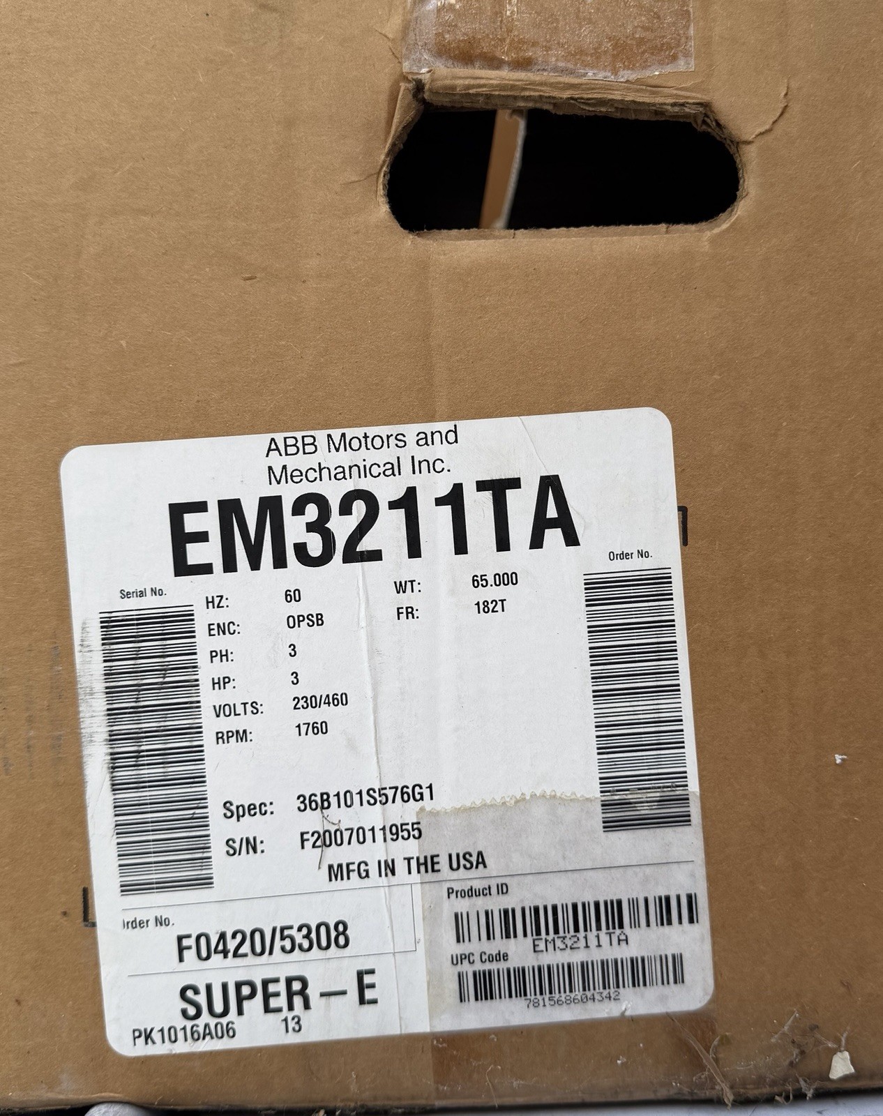 EM3211TA ABB – Baldor 60 HZ 3 Phase 3 HP 230/460 Volts 1760 RPMV 65 Pounds